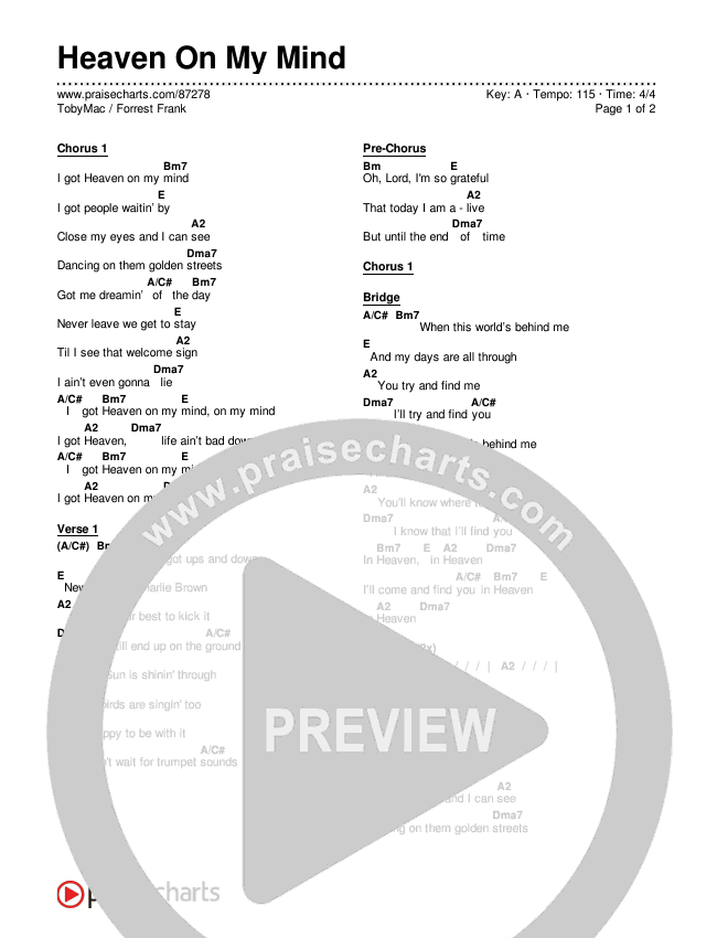 Heaven On My Mind Chords & Lyrics (TobyMac / Forrest Frank)
