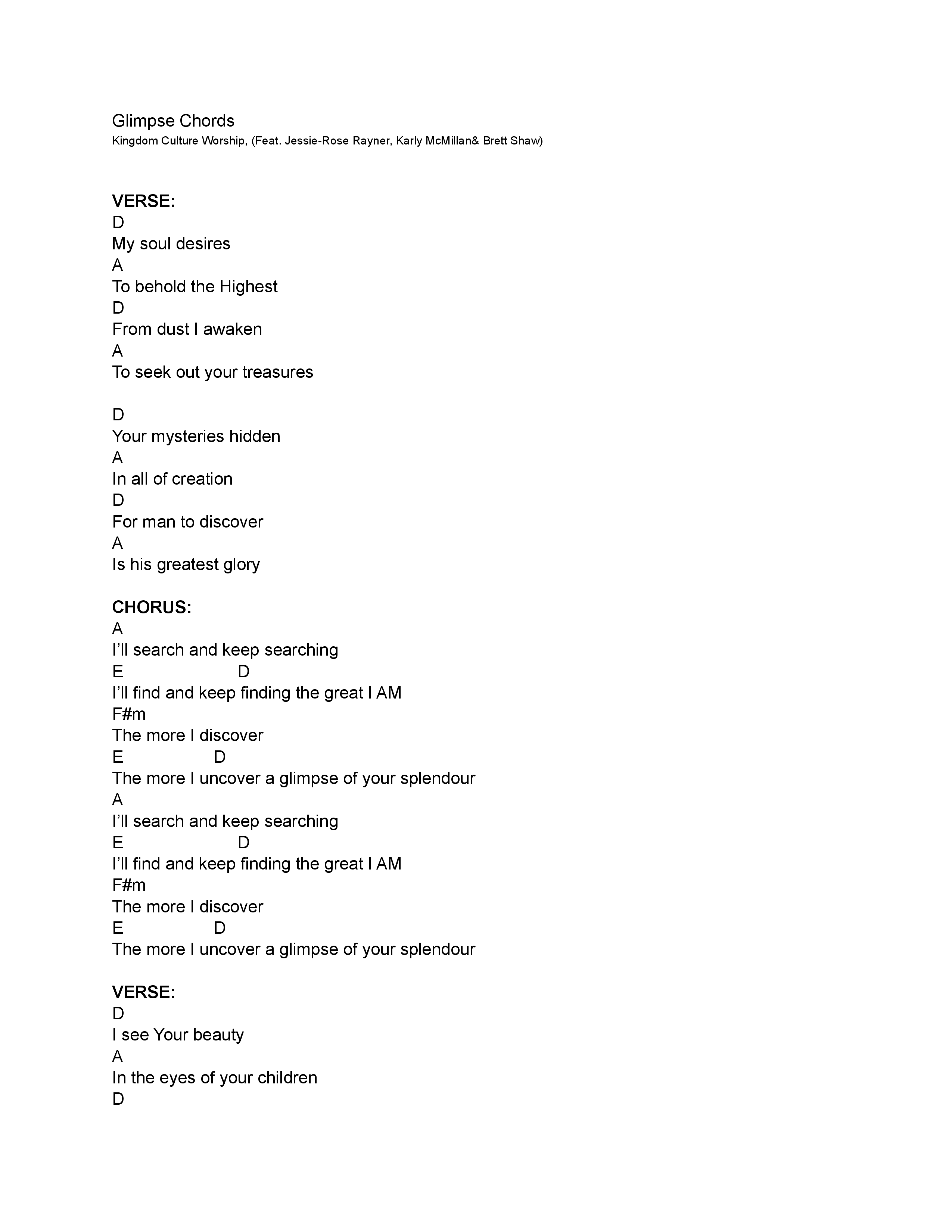 Glimpse Chord Chart (Kingdom Culture Worship)