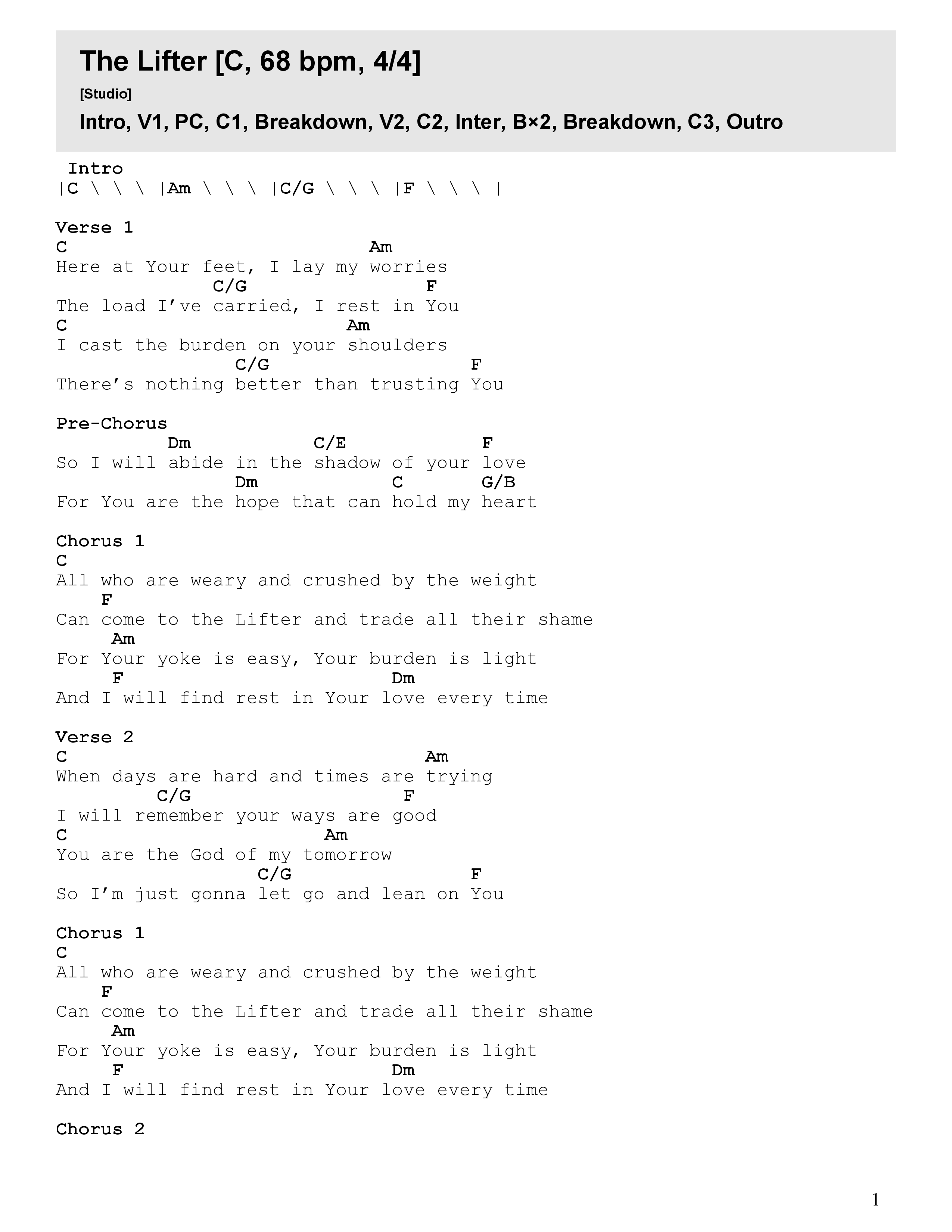 The Lifter (Live) Chord Chart (Faith Worship Arts / Sydney James)