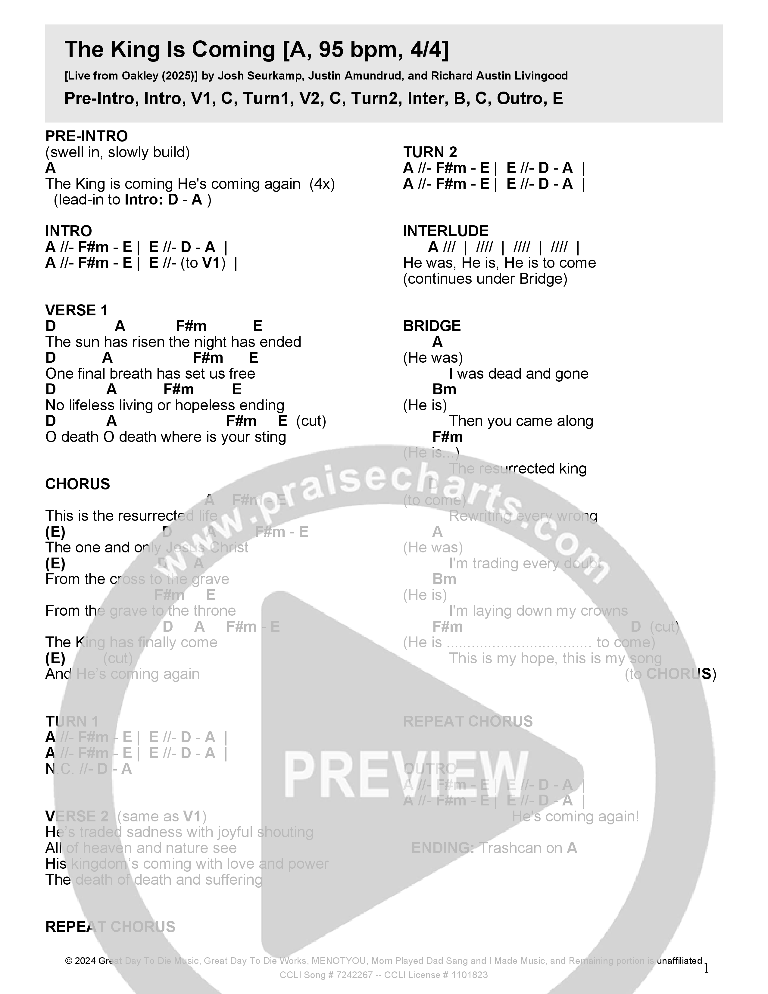 The King Is Coming (Live) Chord Chart (Crossroads Music)