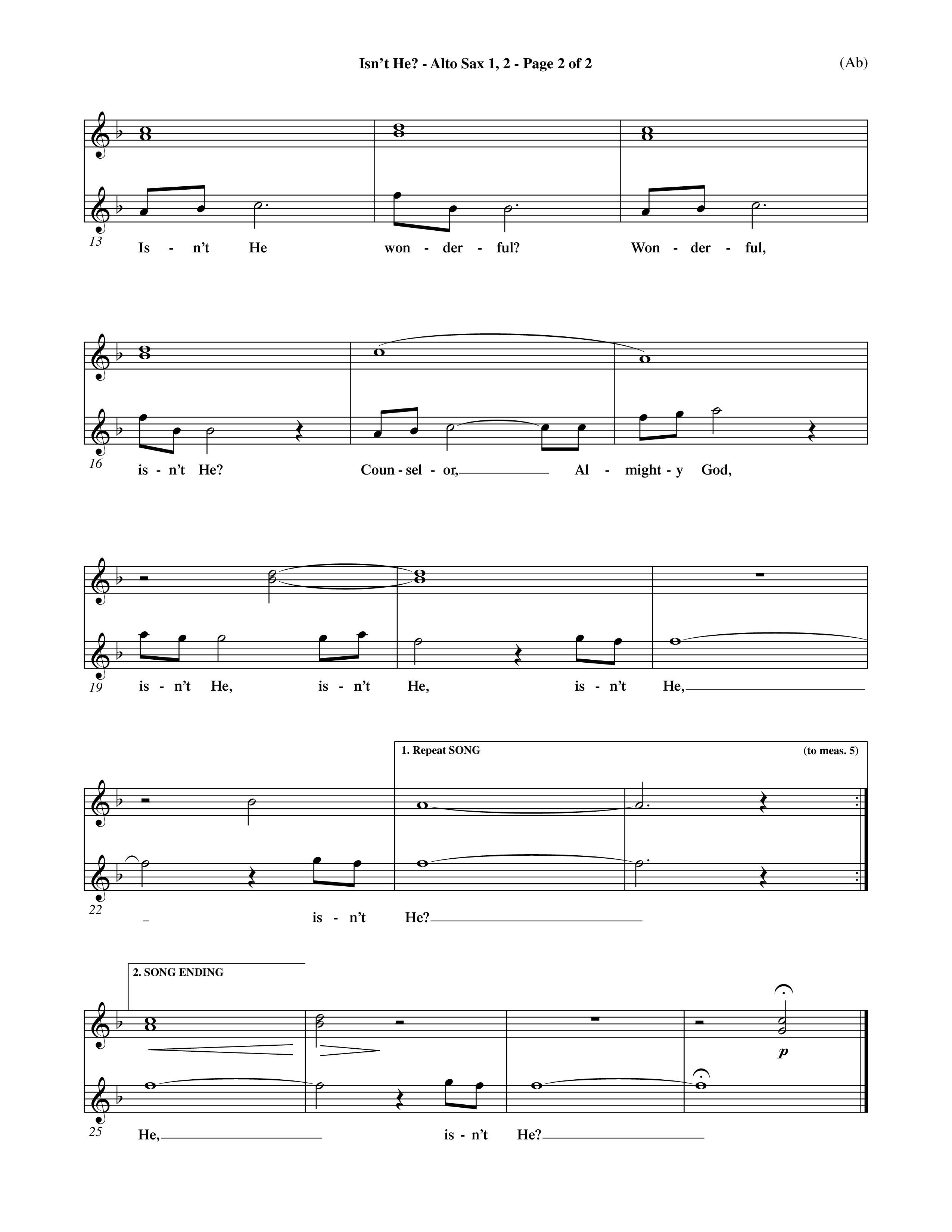 Isn't He (Choral Anthem SATB) Alto Sax 1/2 (Word Music Choral / Orch. John Gage / Orch. Andrew High)