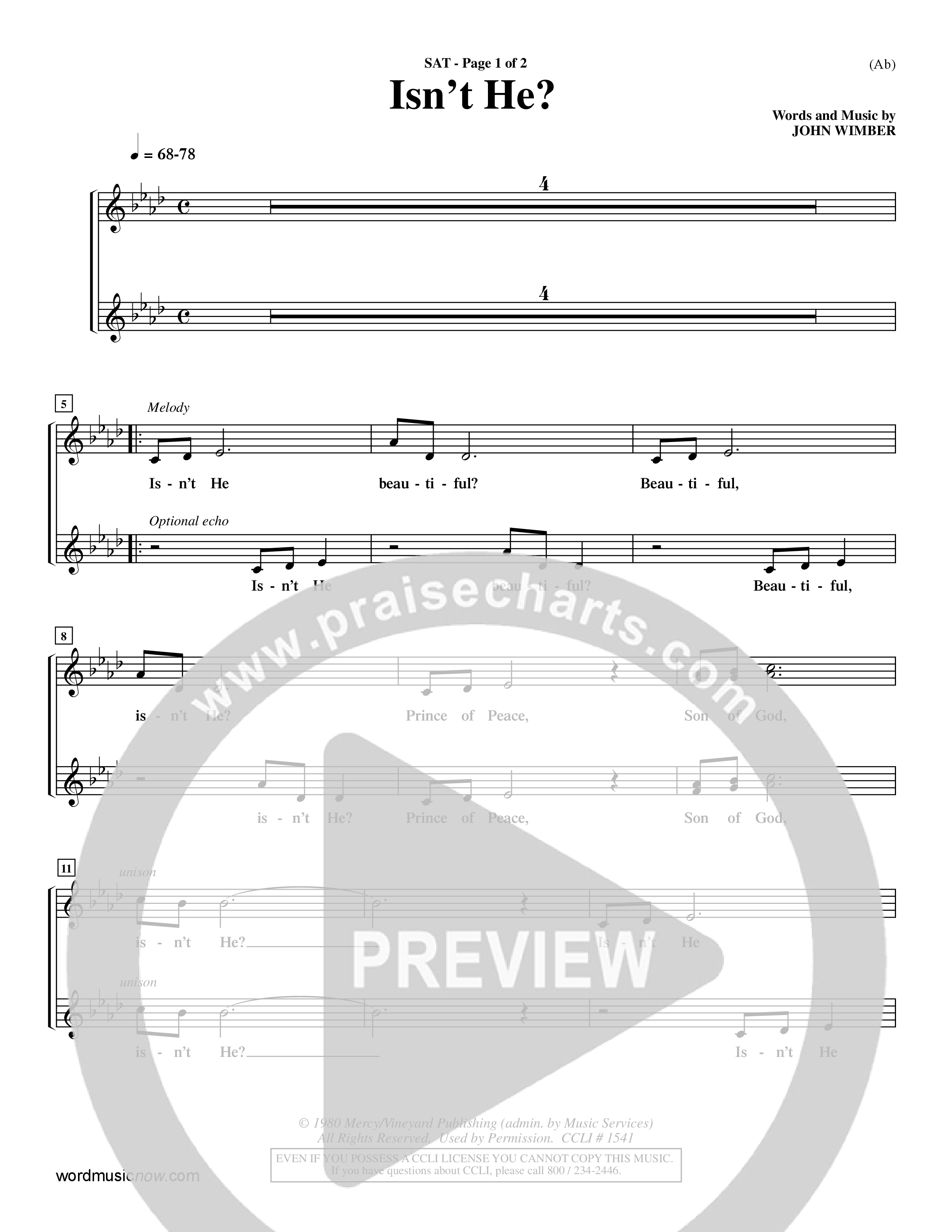 Isn't He (Choral Anthem SATB) Lead Sheet (SAT) (Word Music Choral / Orch. John Gage / Orch. Andrew High)