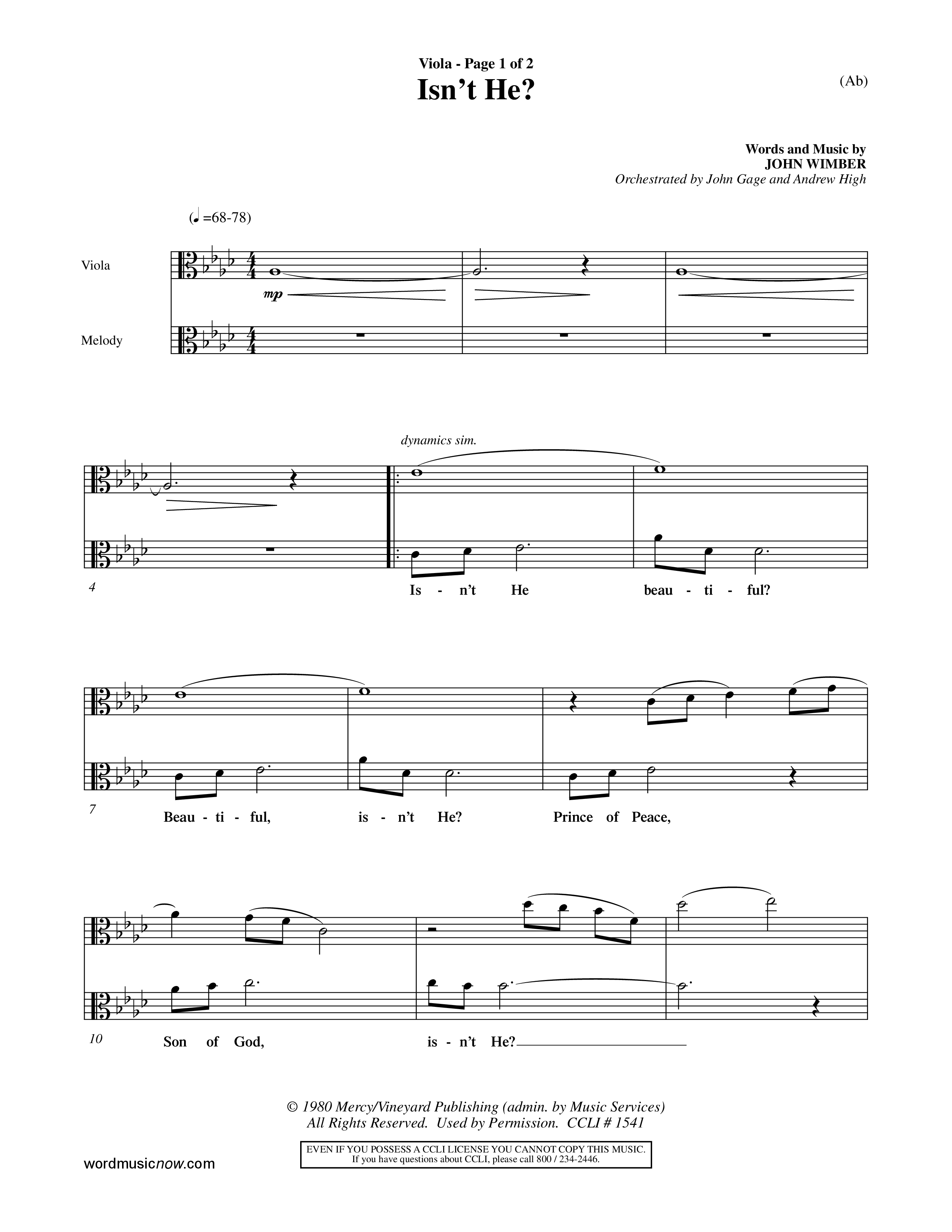 Isn't He (Choral Anthem SATB) Viola (Word Music Choral / Orch. John Gage / Orch. Andrew High)