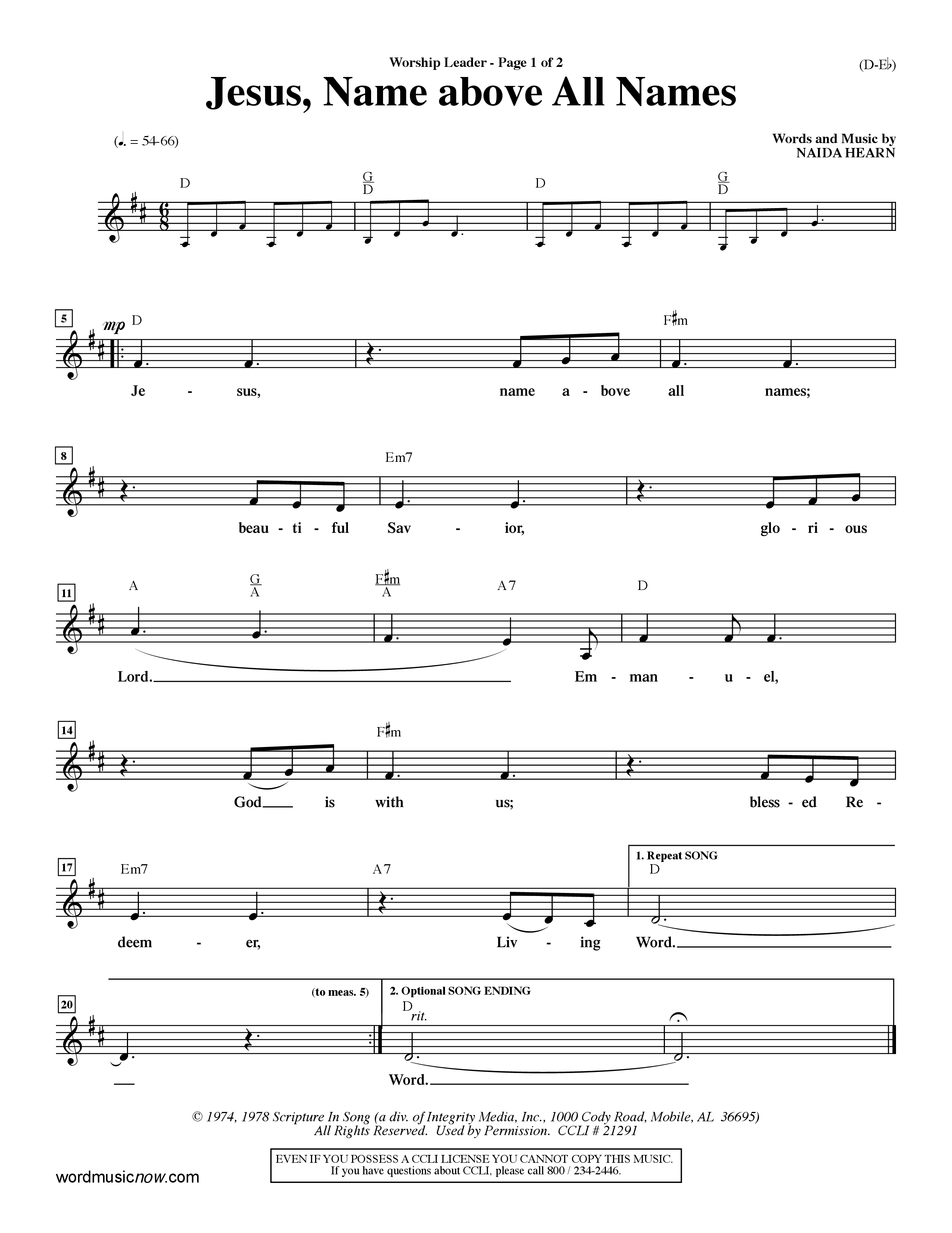 Jesus Name Above All Names (Choral Anthem SATB) Lead Sheet (Mel) (Word Music Choral / Orch. John Gage / Orch. Andrew High)