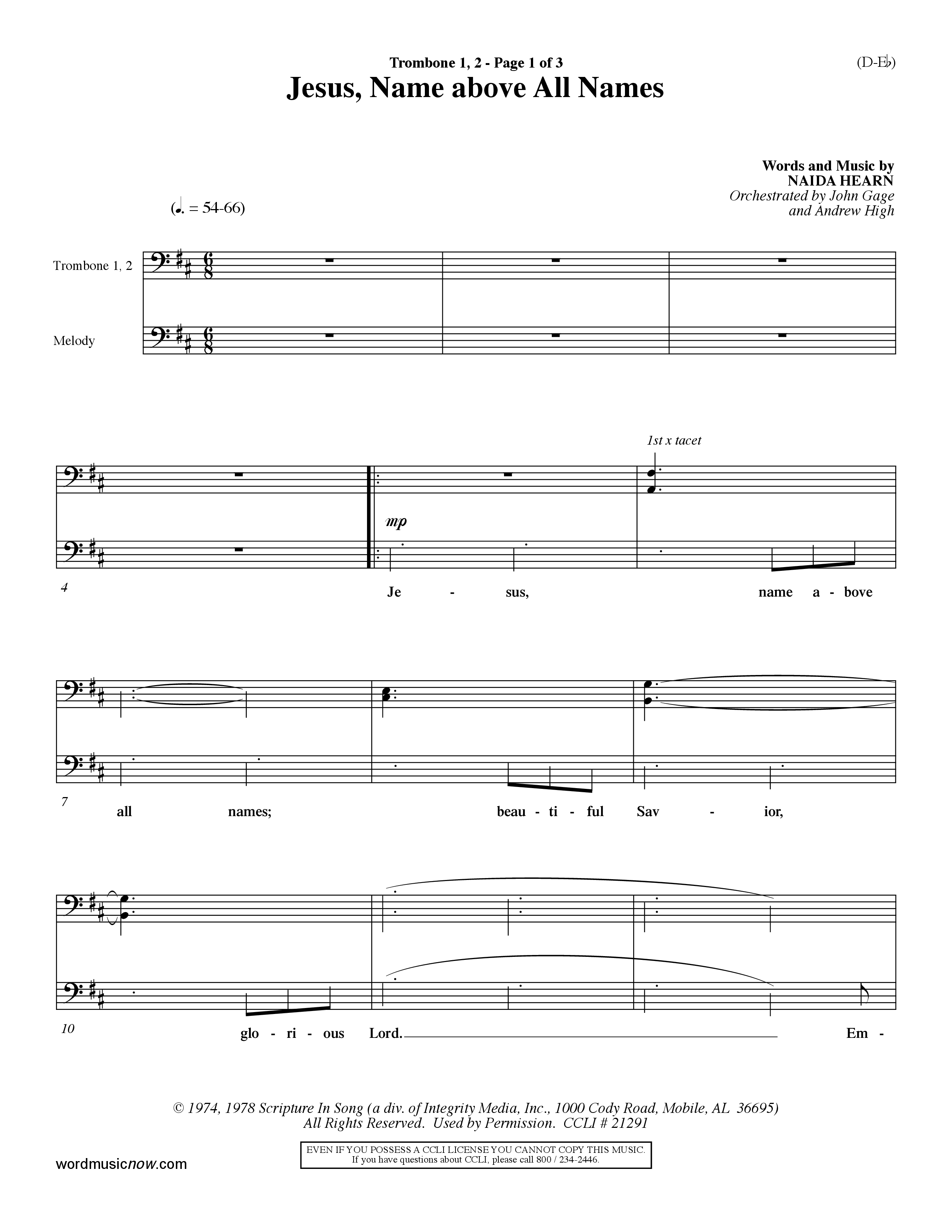 Jesus Name Above All Names (Choral Anthem SATB) Trombone 1/2 (Word Music Choral / Orch. John Gage / Orch. Andrew High)
