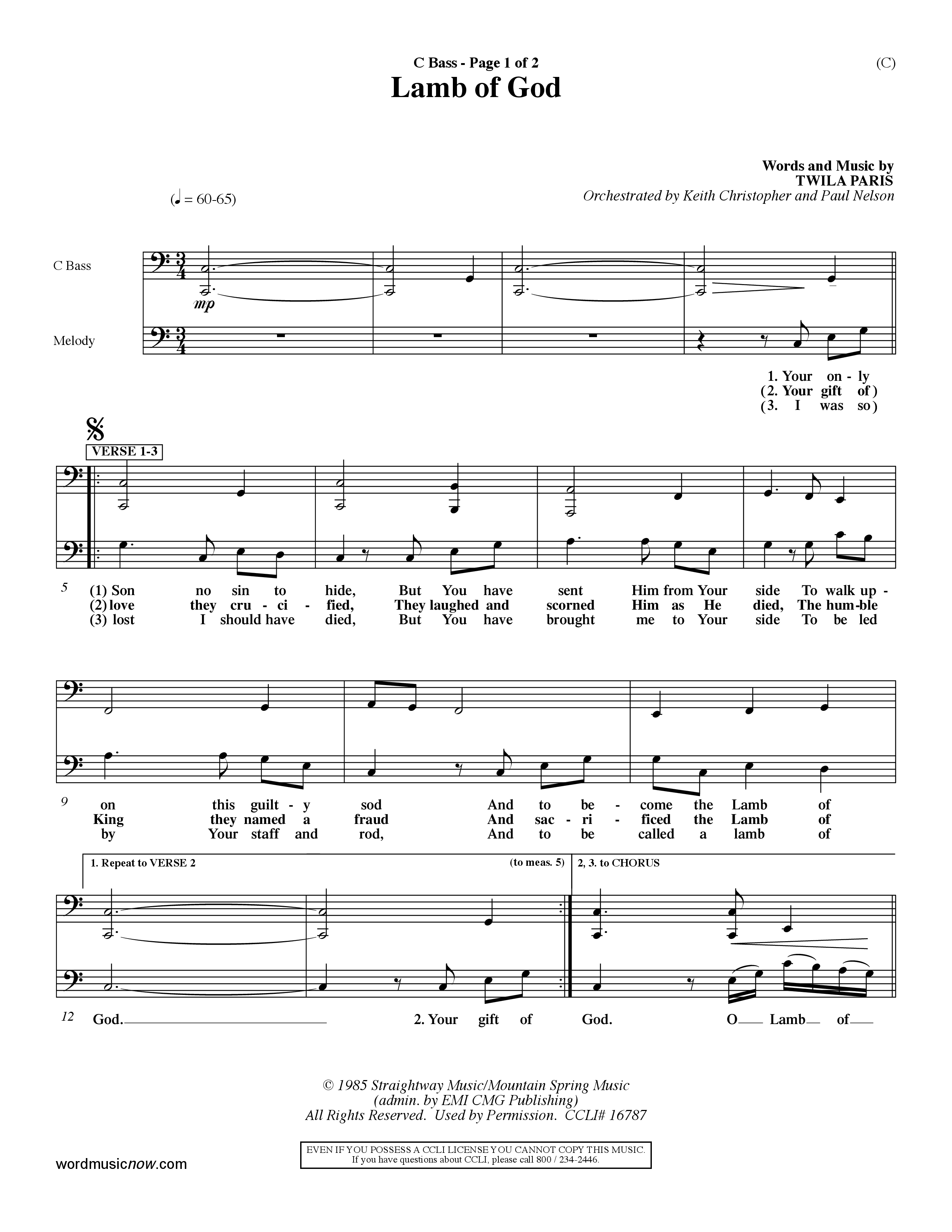 Lamb Of God (Choral Anthem SATB) Contrabass (Word Music Choral / Orch. Keith Christopher / Orch. Paul Nelson)