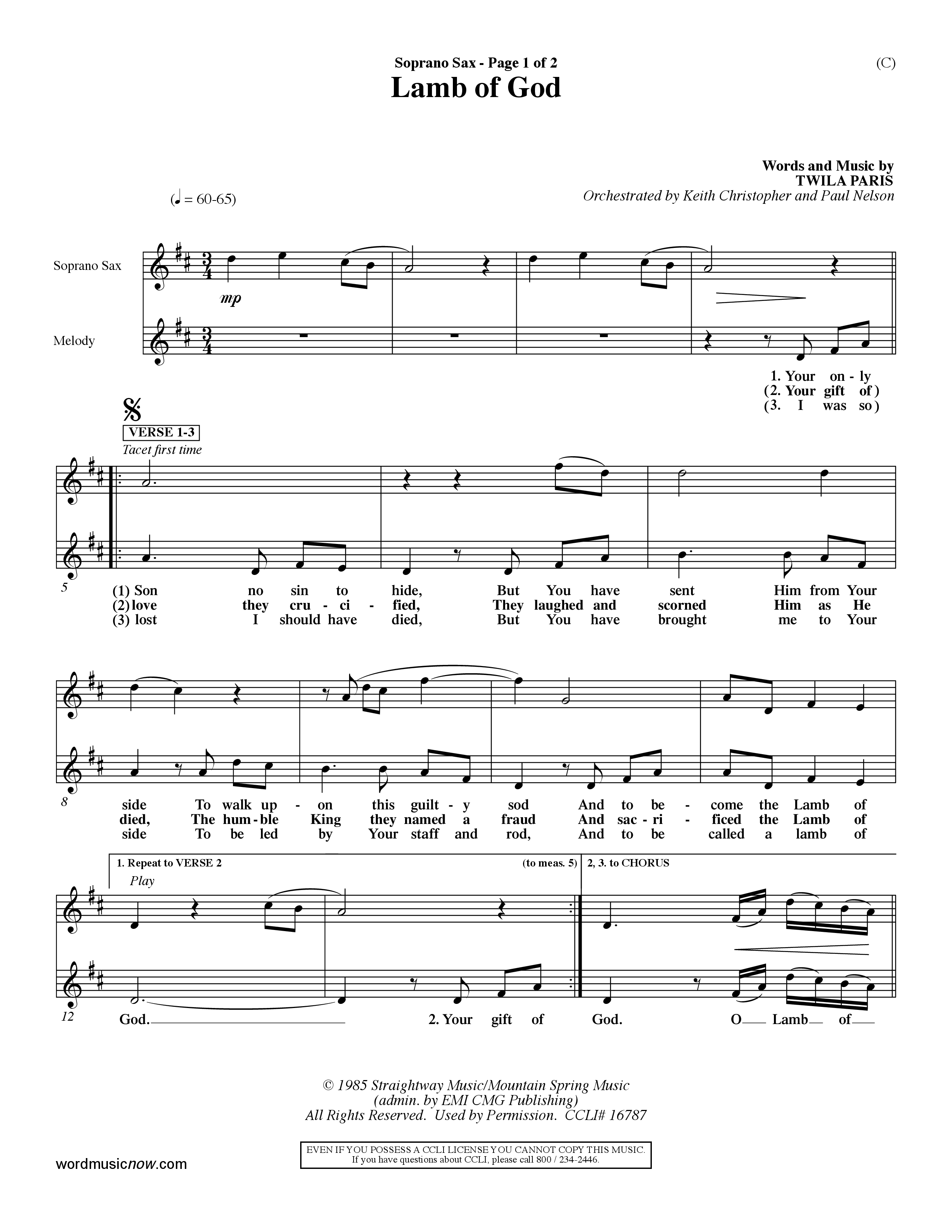 Lamb Of God (Choral Anthem SATB) Saxophone (Word Music Choral / Orch. Keith Christopher / Orch. Paul Nelson)