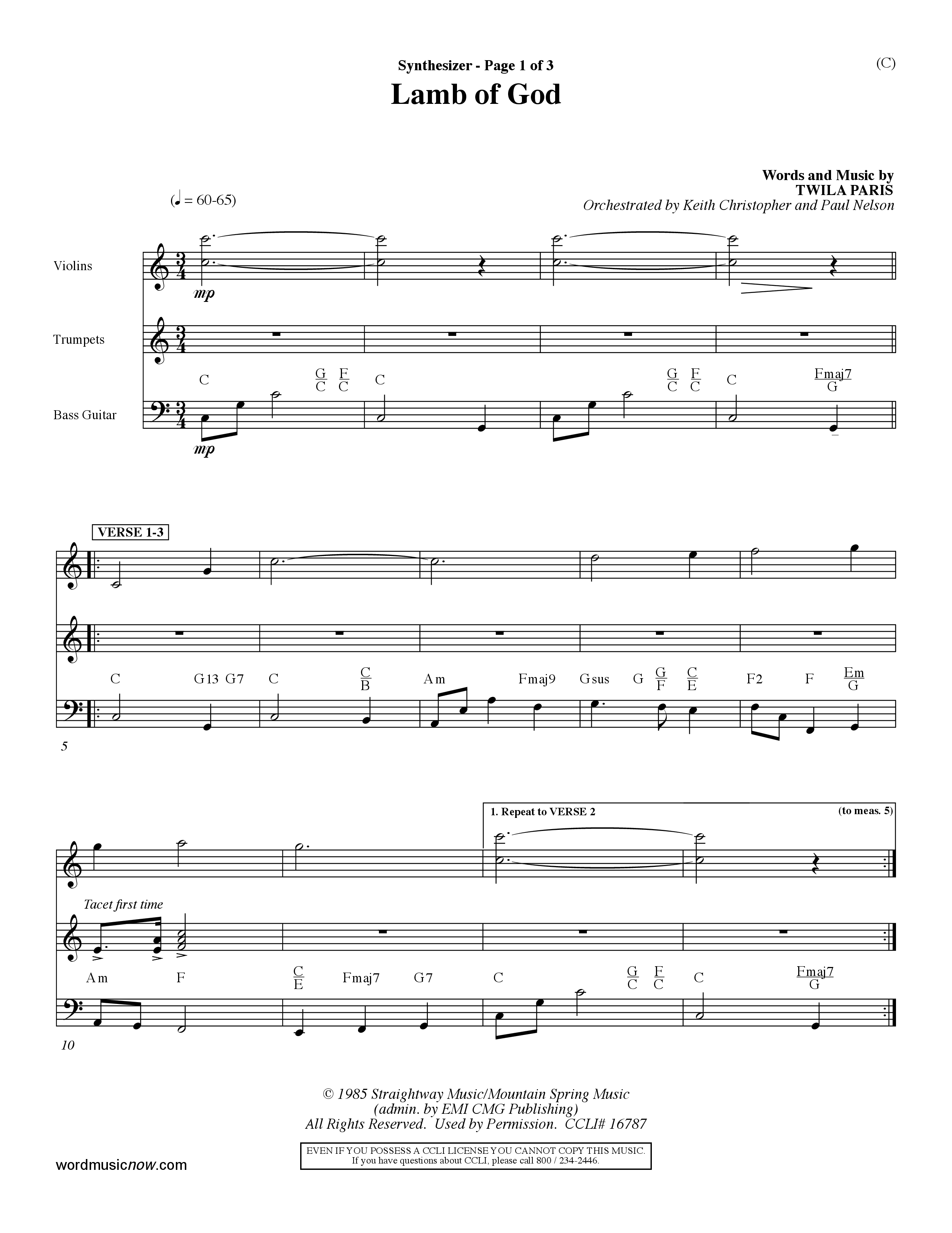 Lamb Of God (Choral Anthem SATB) Synth (Word Music Choral / Orch. Keith Christopher / Orch. Paul Nelson)