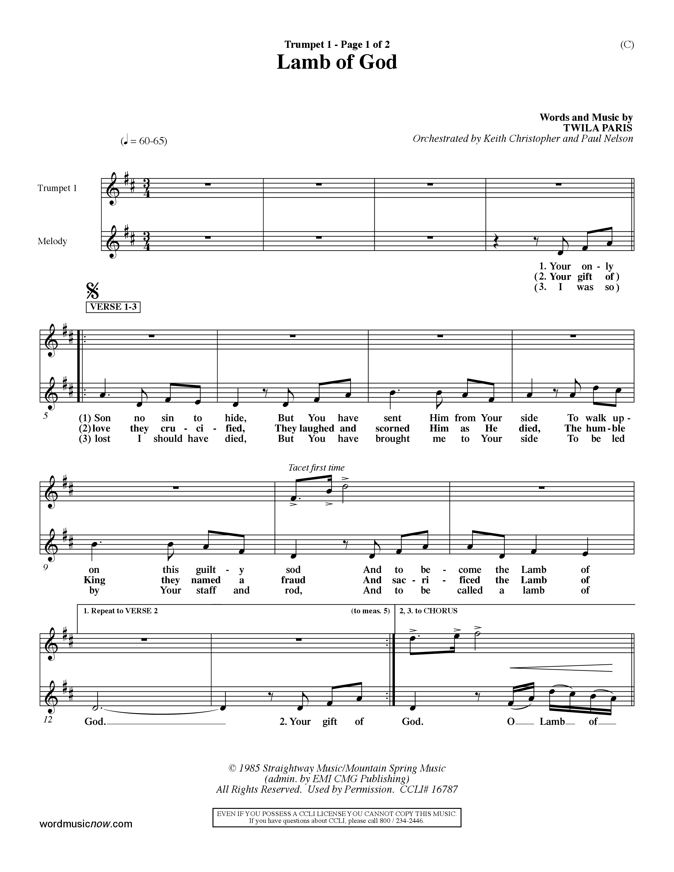 Lamb Of God (Choral Anthem SATB) Trumpet 1 (Word Music Choral / Orch. Keith Christopher / Orch. Paul Nelson)