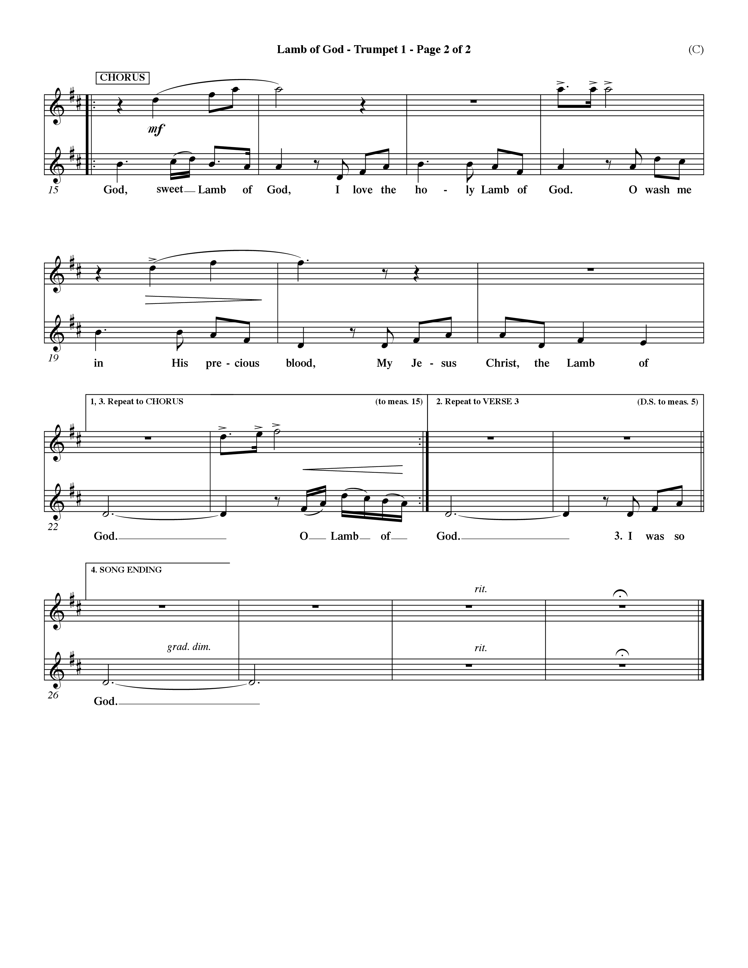 Lamb Of God (Choral Anthem SATB) Trumpet 1 (Word Music Choral / Orch. Keith Christopher / Orch. Paul Nelson)