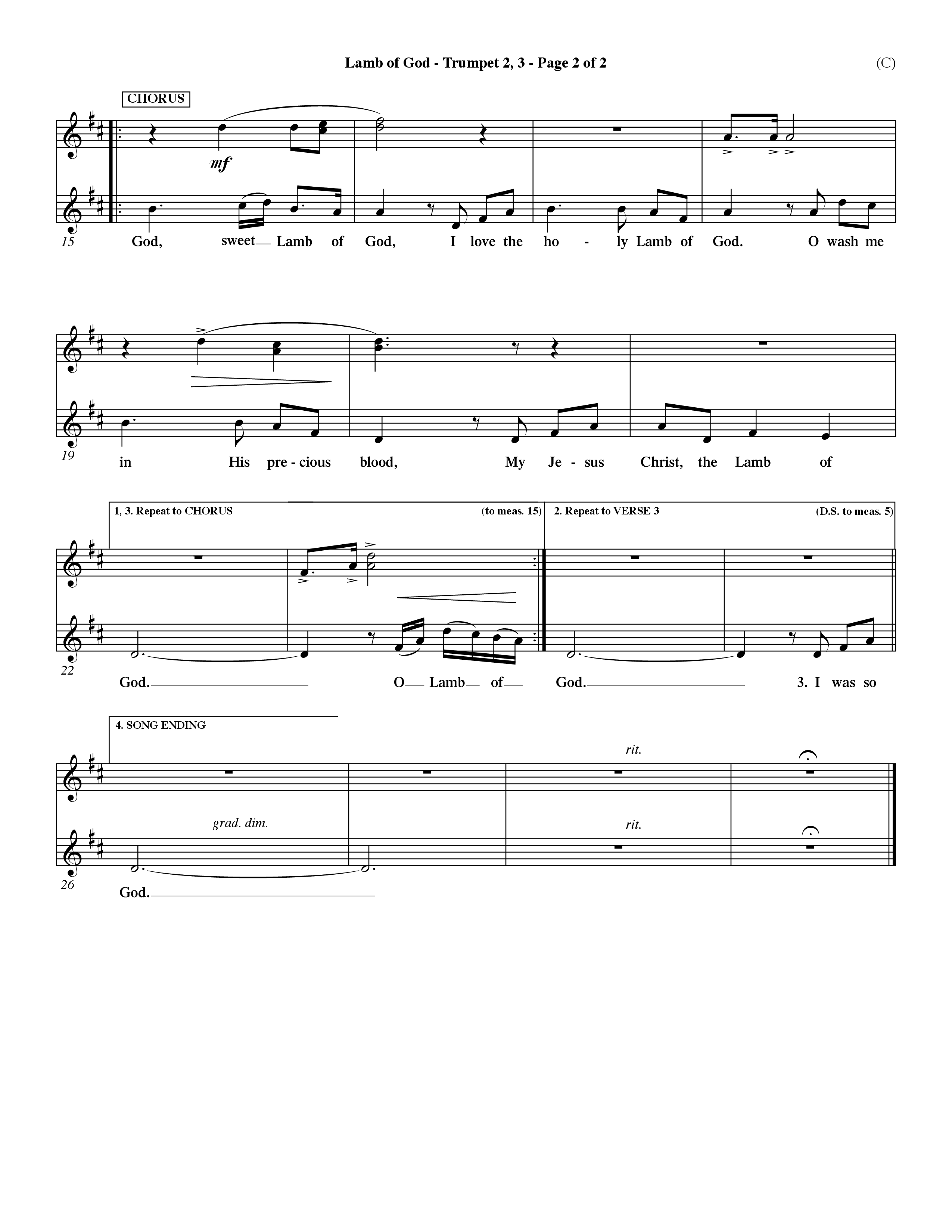 Lamb Of God (Choral Anthem SATB) Trumpet 2/3 (Word Music Choral / Orch. Keith Christopher / Orch. Paul Nelson)