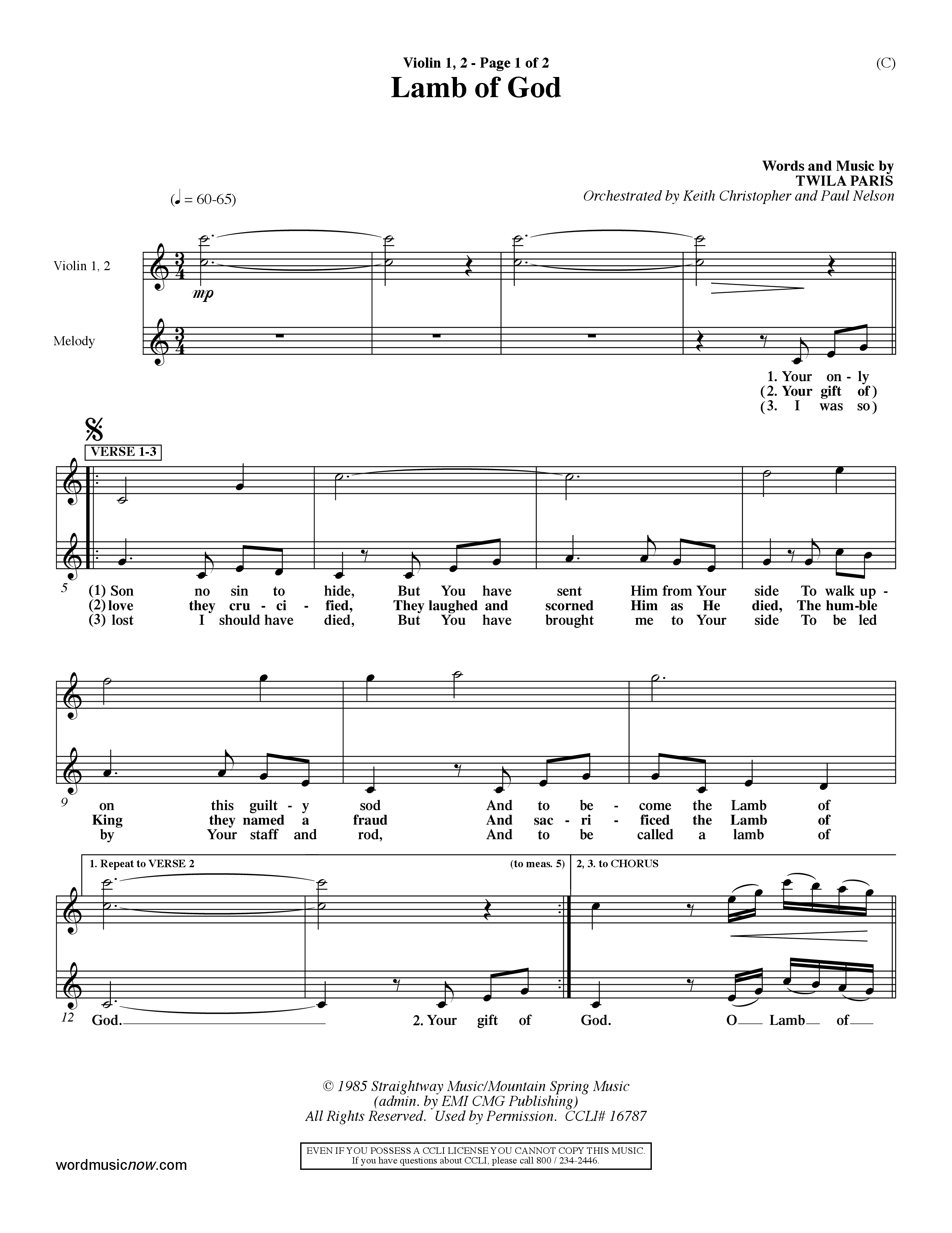 Lamb Of God (Choral Anthem SATB) Violin 1/2 (Word Music Choral / Orch. Keith Christopher / Orch. Paul Nelson)