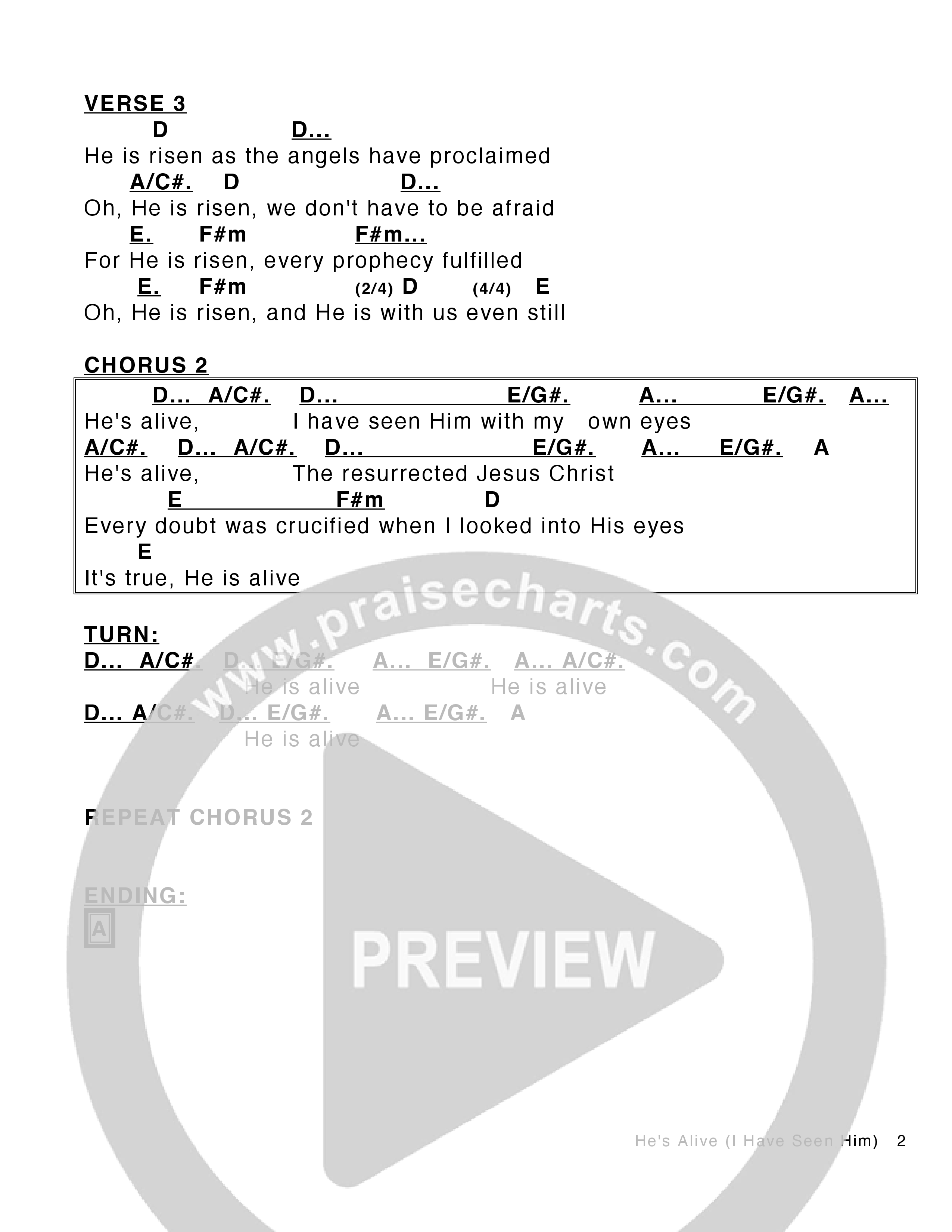 He's Alive (I Have Seen Him) Chord Chart (Victory House Worship)