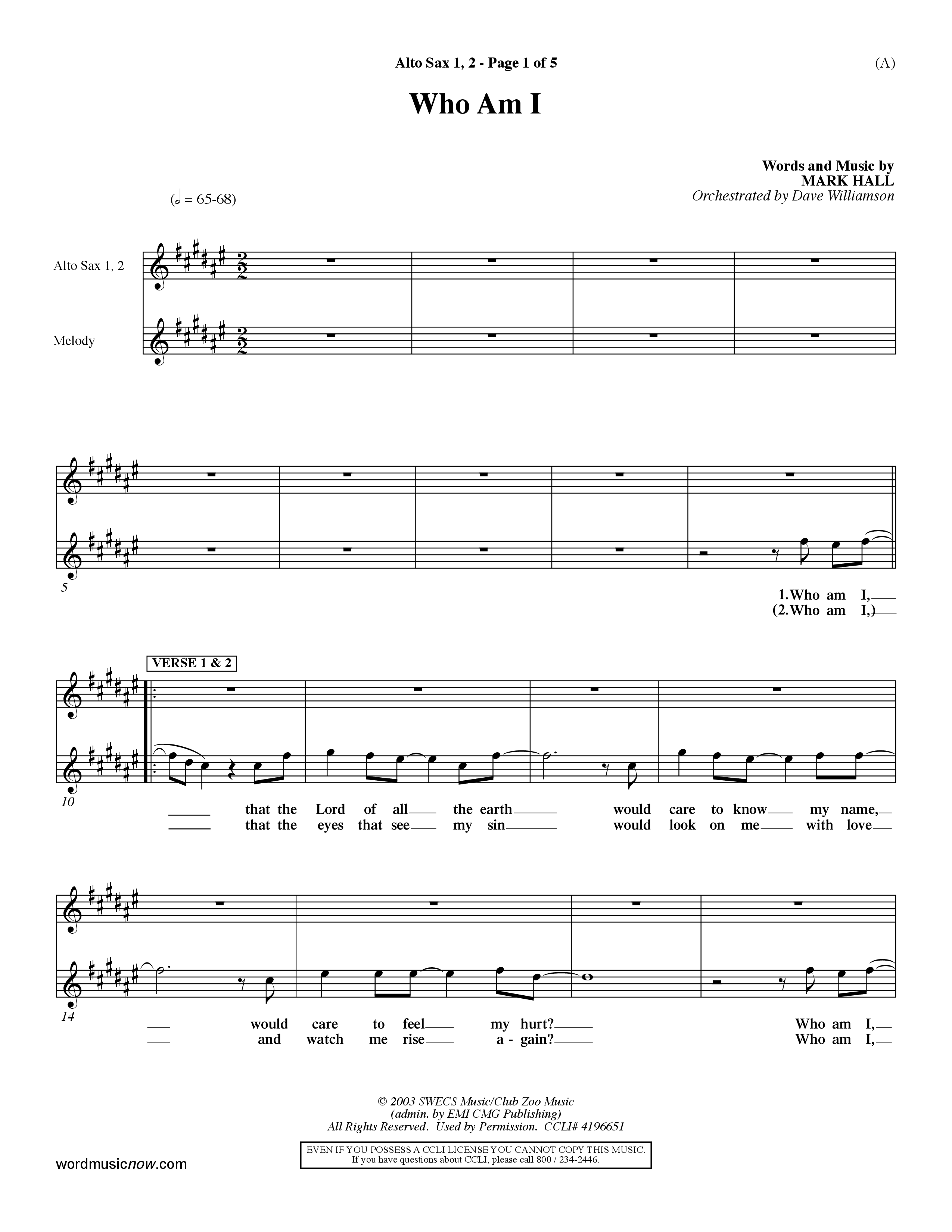 Who Am I (Choral Anthem SATB) Alto Sax 1/2 (Word Music Choral / Orch. Dave Williamson)