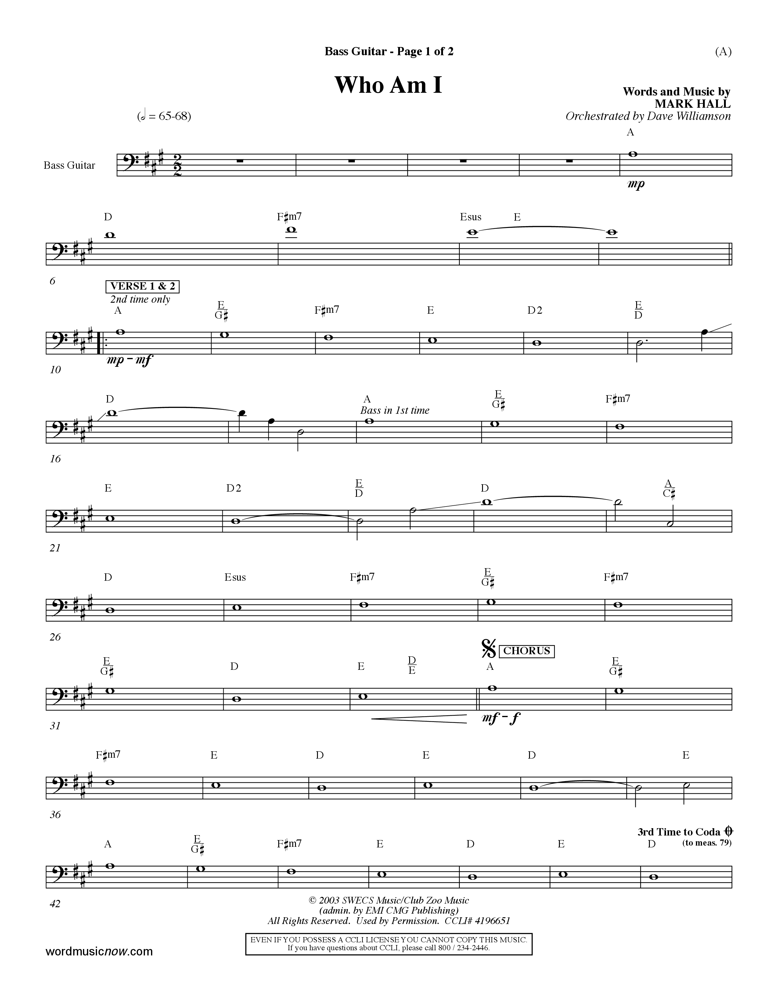 Who Am I (Choral Anthem SATB) Bass Guitar (Word Music Choral / Orch. Dave Williamson)