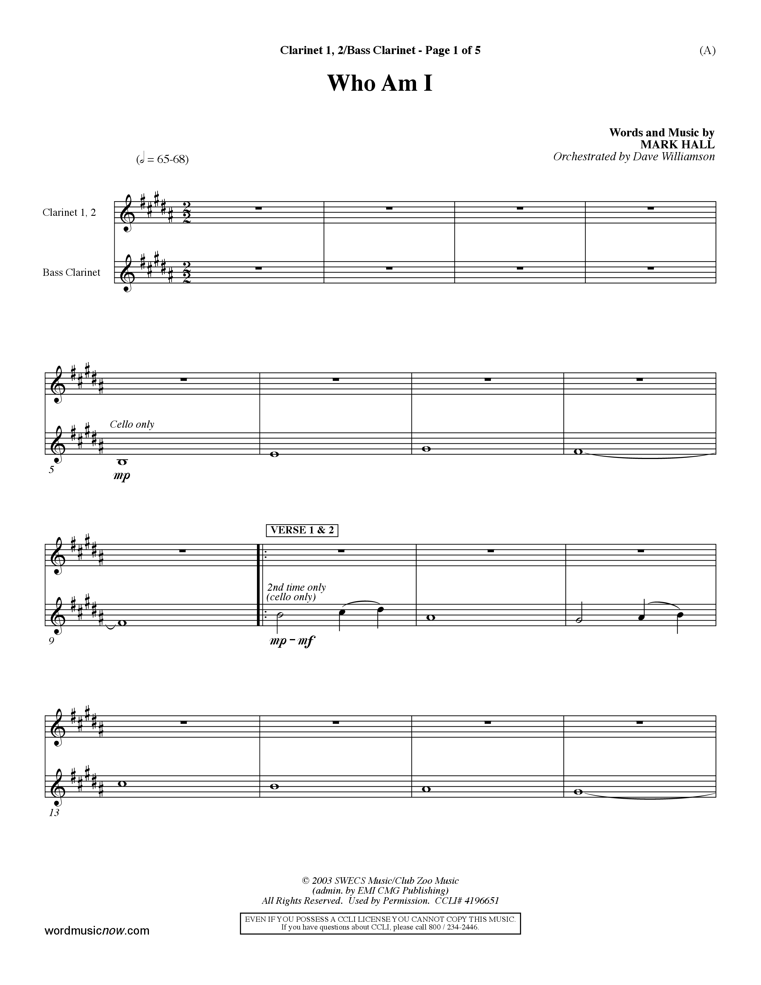 Who Am I (Choral Anthem SATB) Clarinet 1/2, Bass Clarinet (Word Music Choral / Orch. Dave Williamson)
