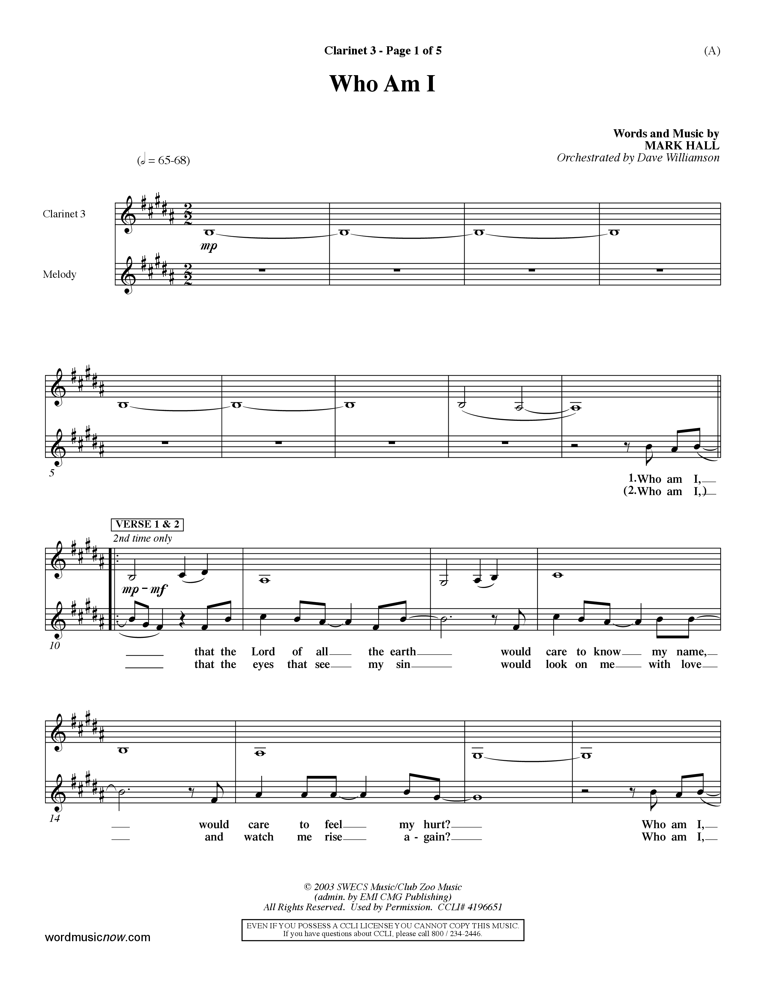 Who Am I (Choral Anthem SATB) Clarinet 3 (Word Music Choral / Orch. Dave Williamson)