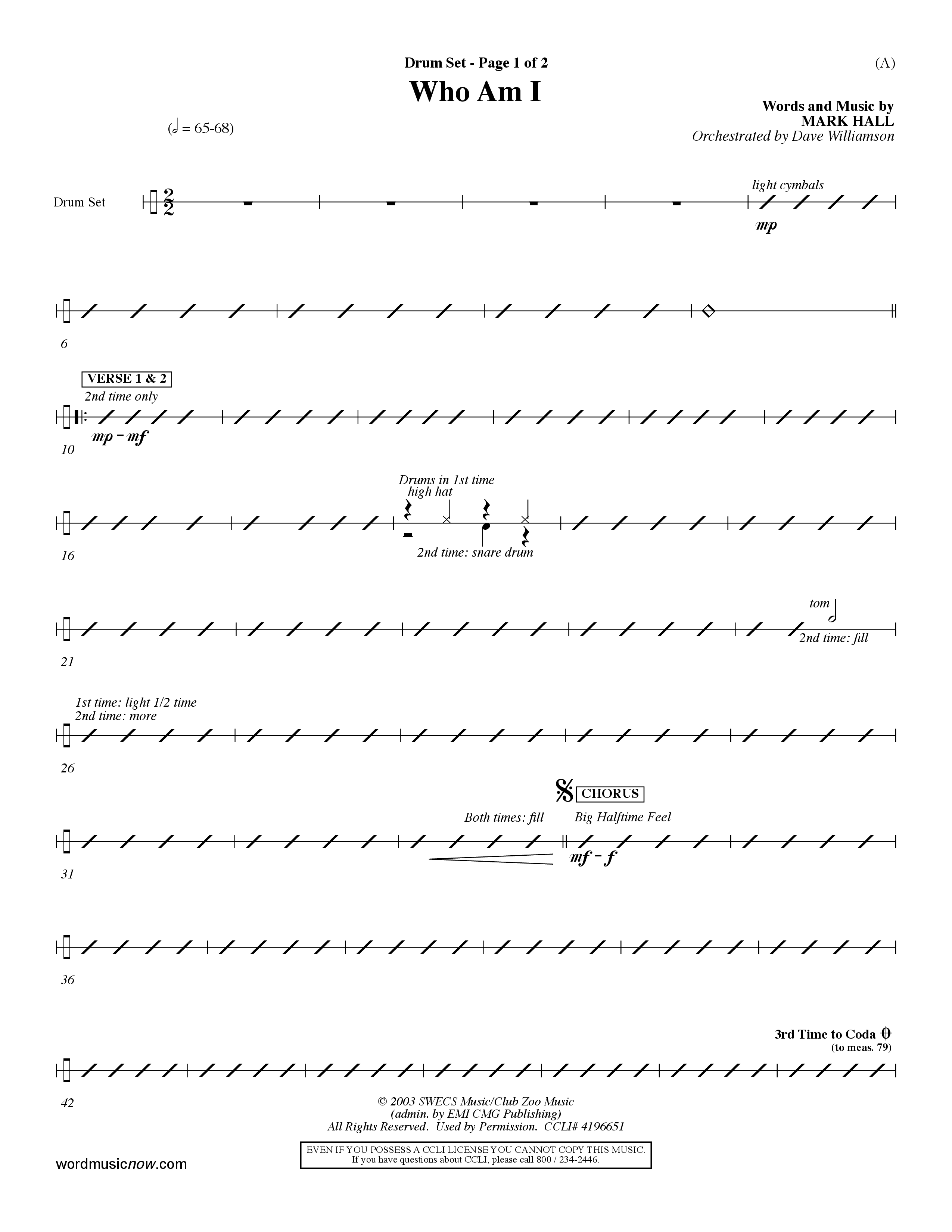 Who Am I (Choral Anthem SATB) Drum Set (Word Music Choral / Orch. Dave Williamson)