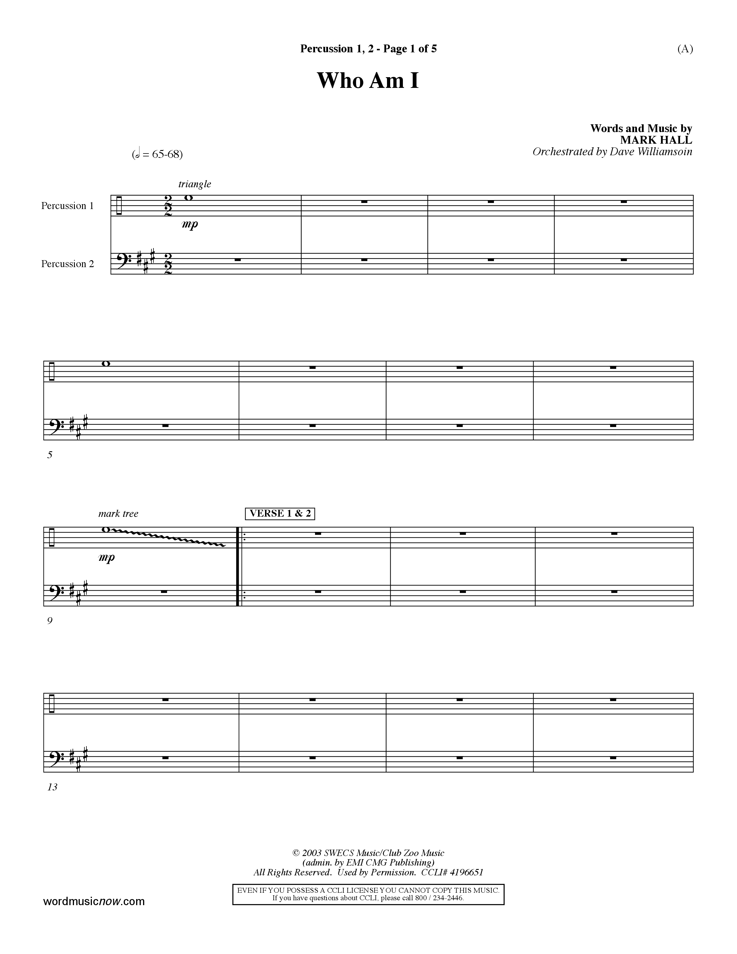 Who Am I (Choral Anthem SATB) Percussion 1/2 (Word Music Choral / Orch. Dave Williamson)