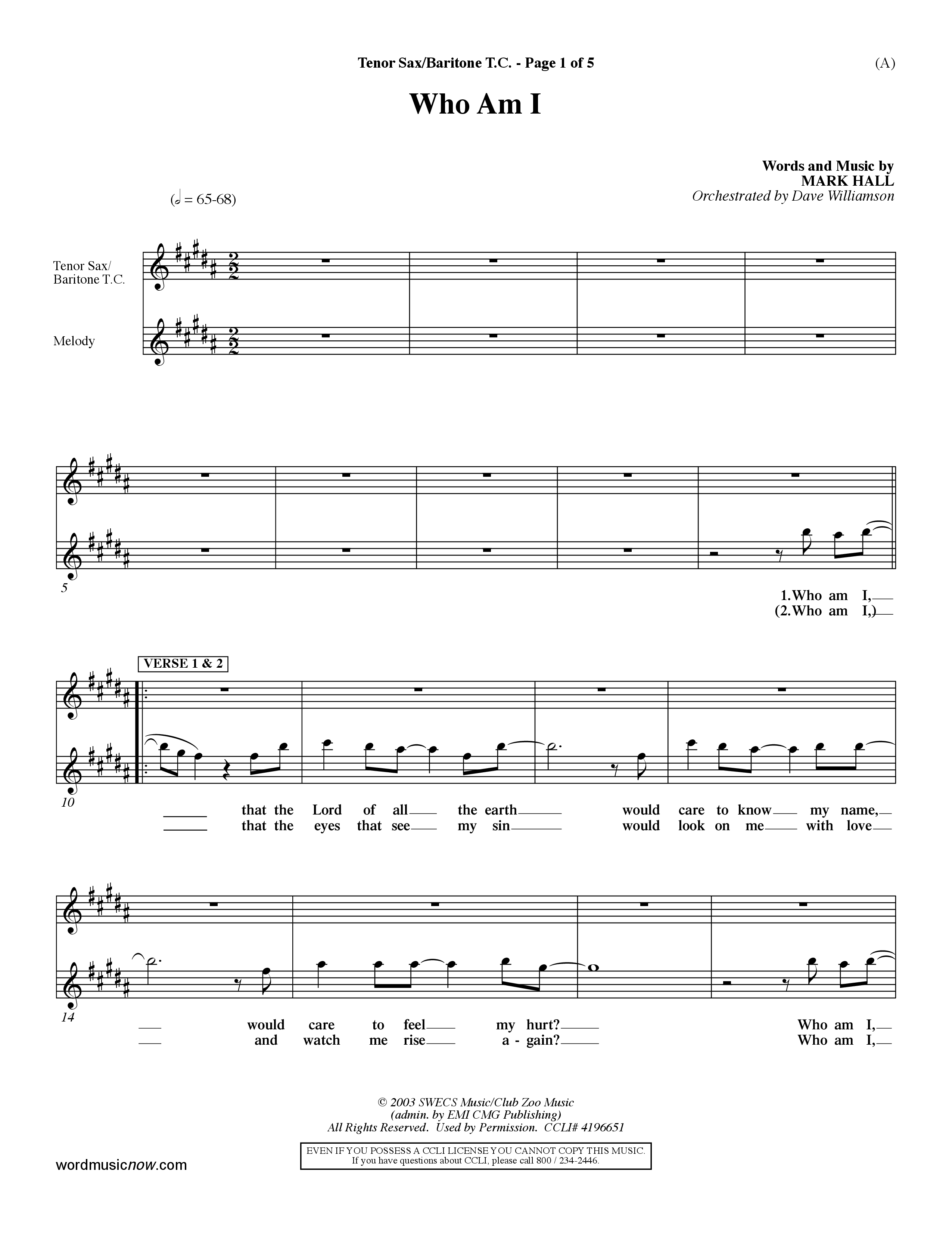 Who Am I (Choral Anthem SATB) Tenor Sax/Baritone T.C. (Word Music Choral / Orch. Dave Williamson)