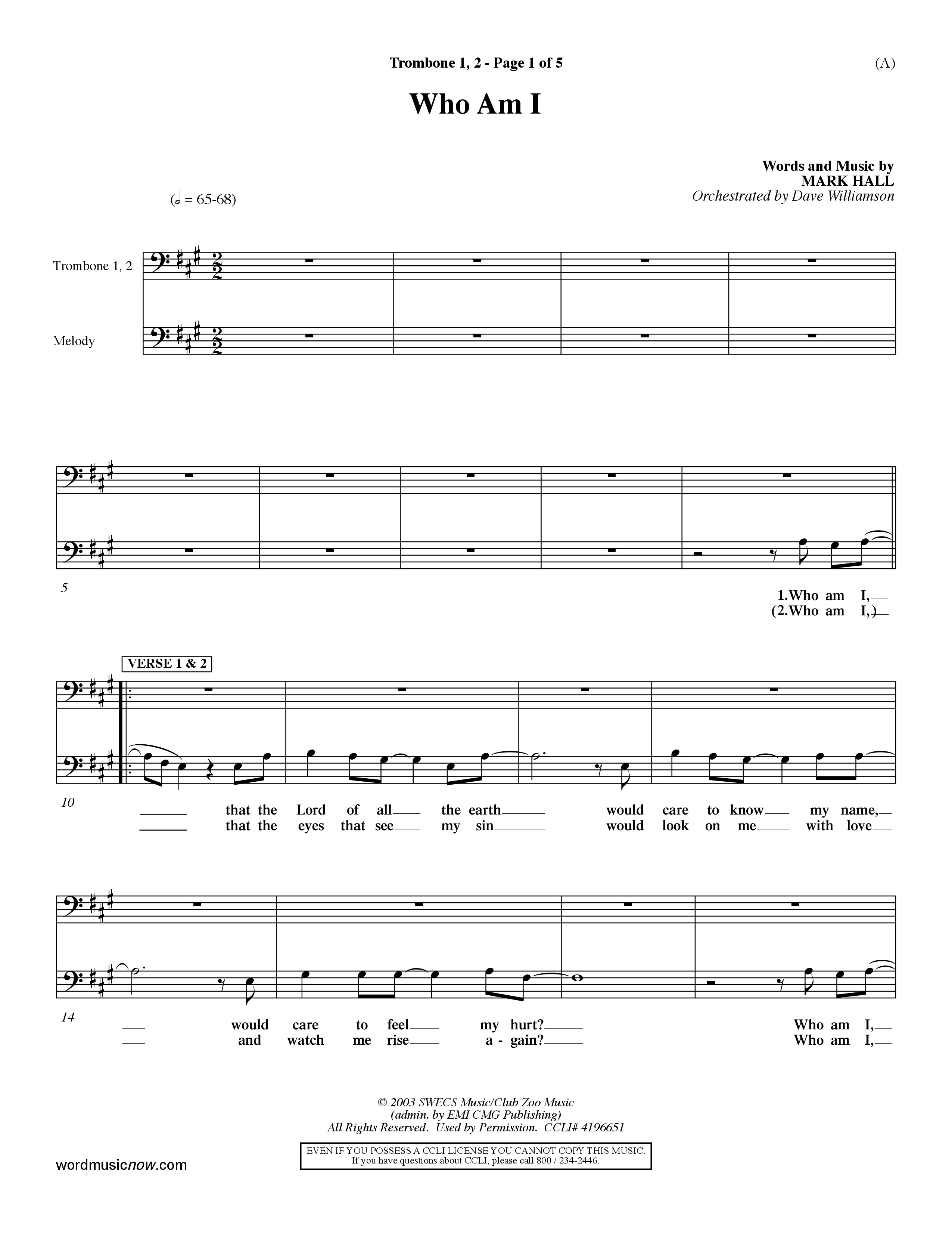Who Am I (Choral Anthem SATB) Trombone 1/2 (Word Music Choral / Orch. Dave Williamson)