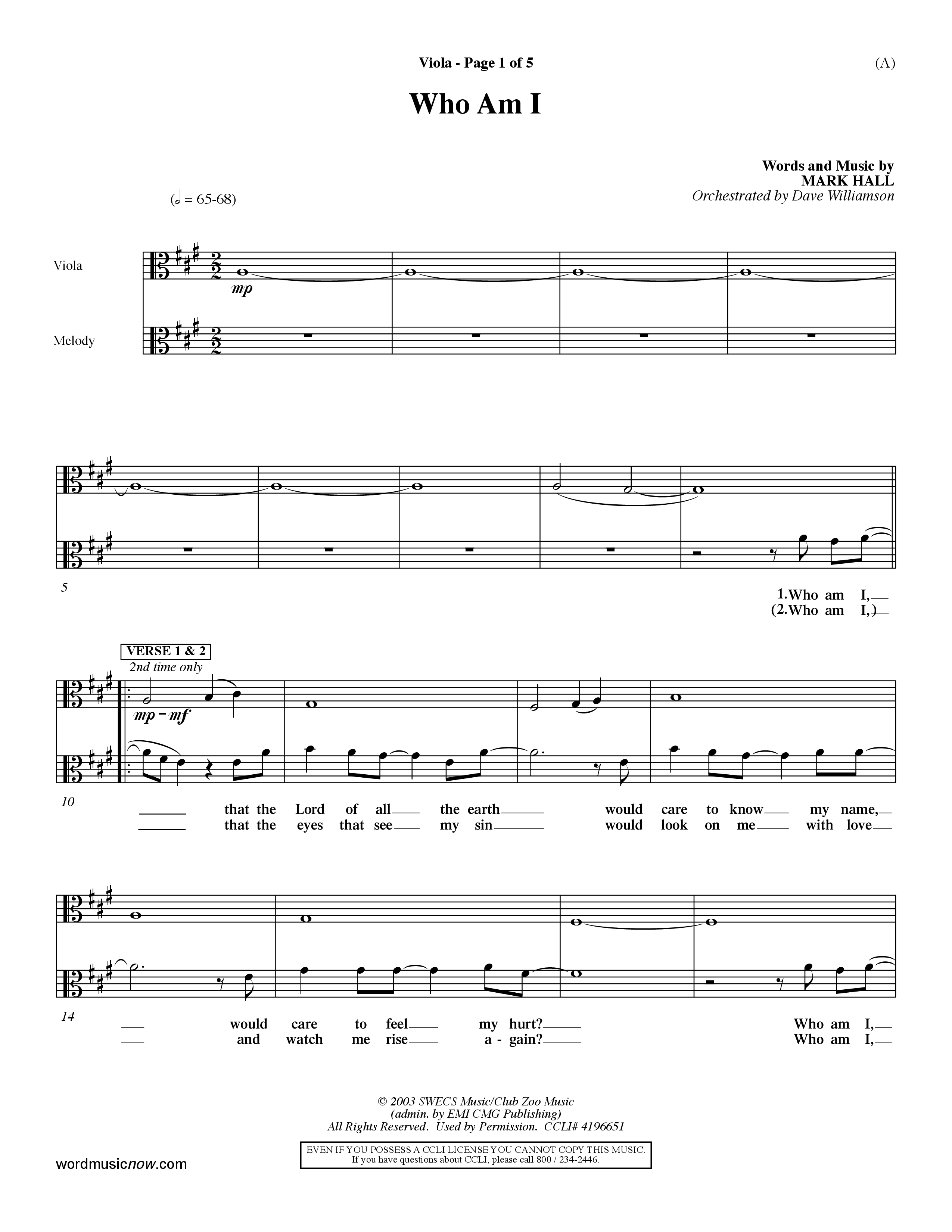 Who Am I (Choral Anthem SATB) Viola (Word Music Choral / Orch. Dave Williamson)