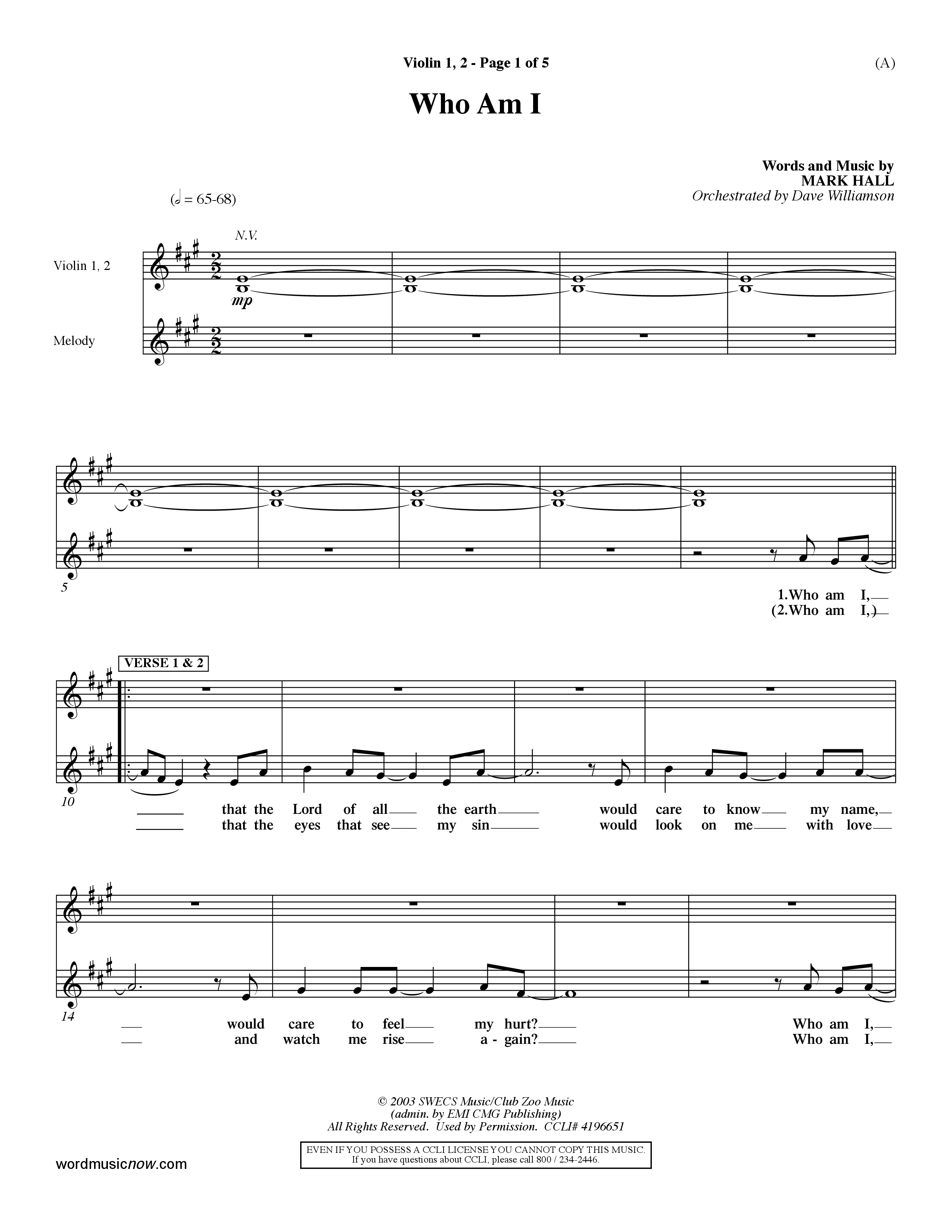 Who Am I (Choral Anthem SATB) Violin 1/2 (Word Music Choral / Orch. Dave Williamson)