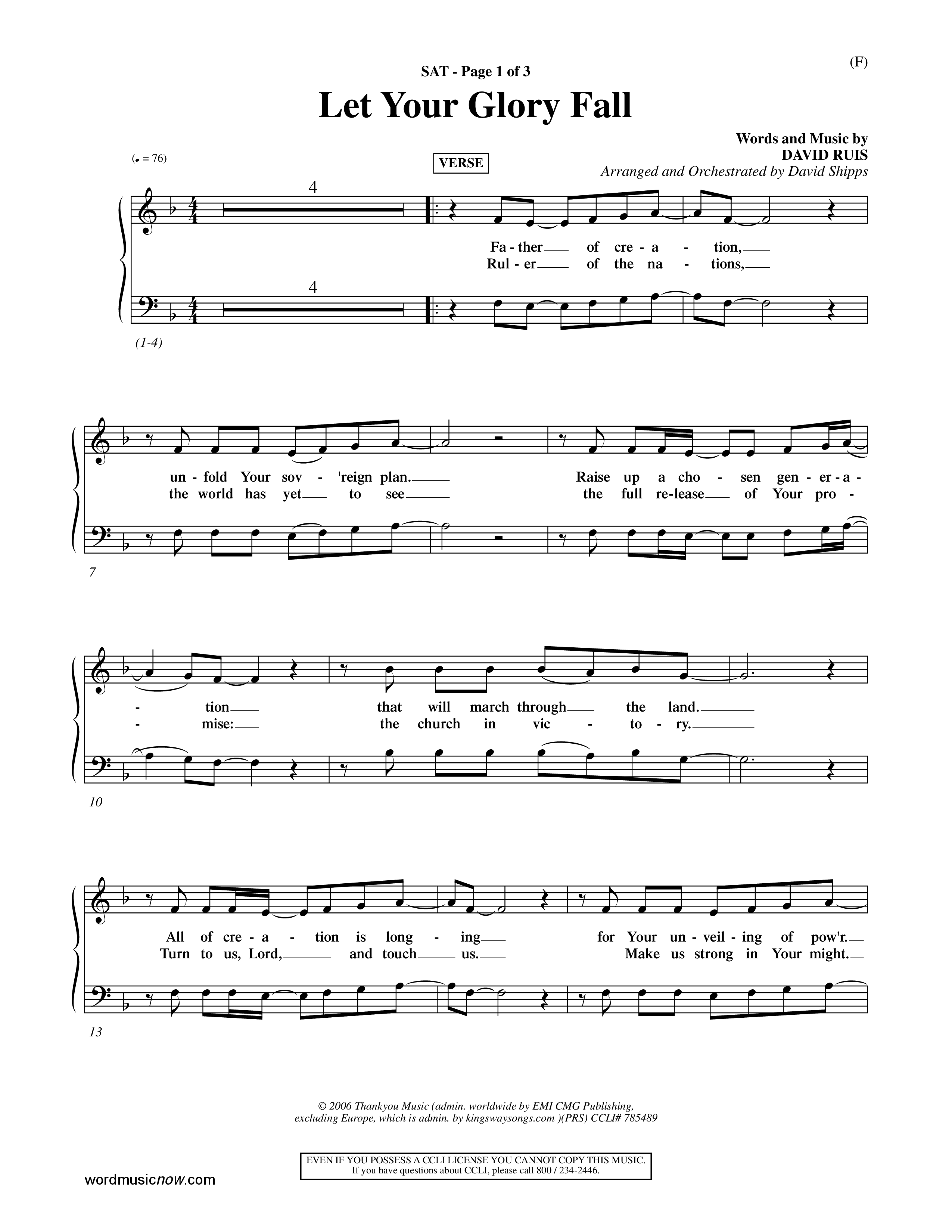 Let Your Glory Fall (Choral Anthem SATB) Lead Sheet (SAT) (Word Music Choral / Orch. David Shipps)