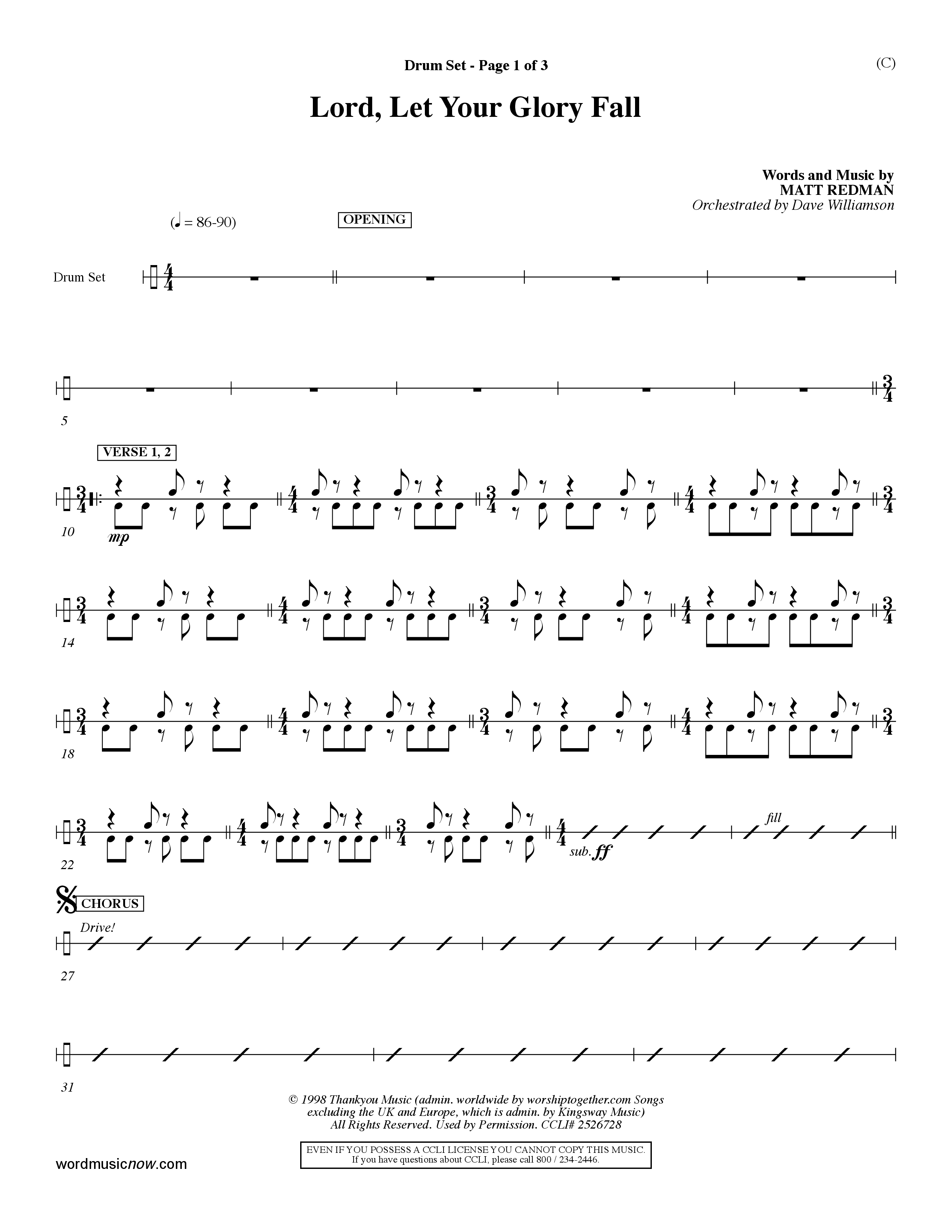 Lord Let Your Glory Fall (Choral Anthem SATB) Drum Set (Word Music Choral / Orch. Dave Williamson)