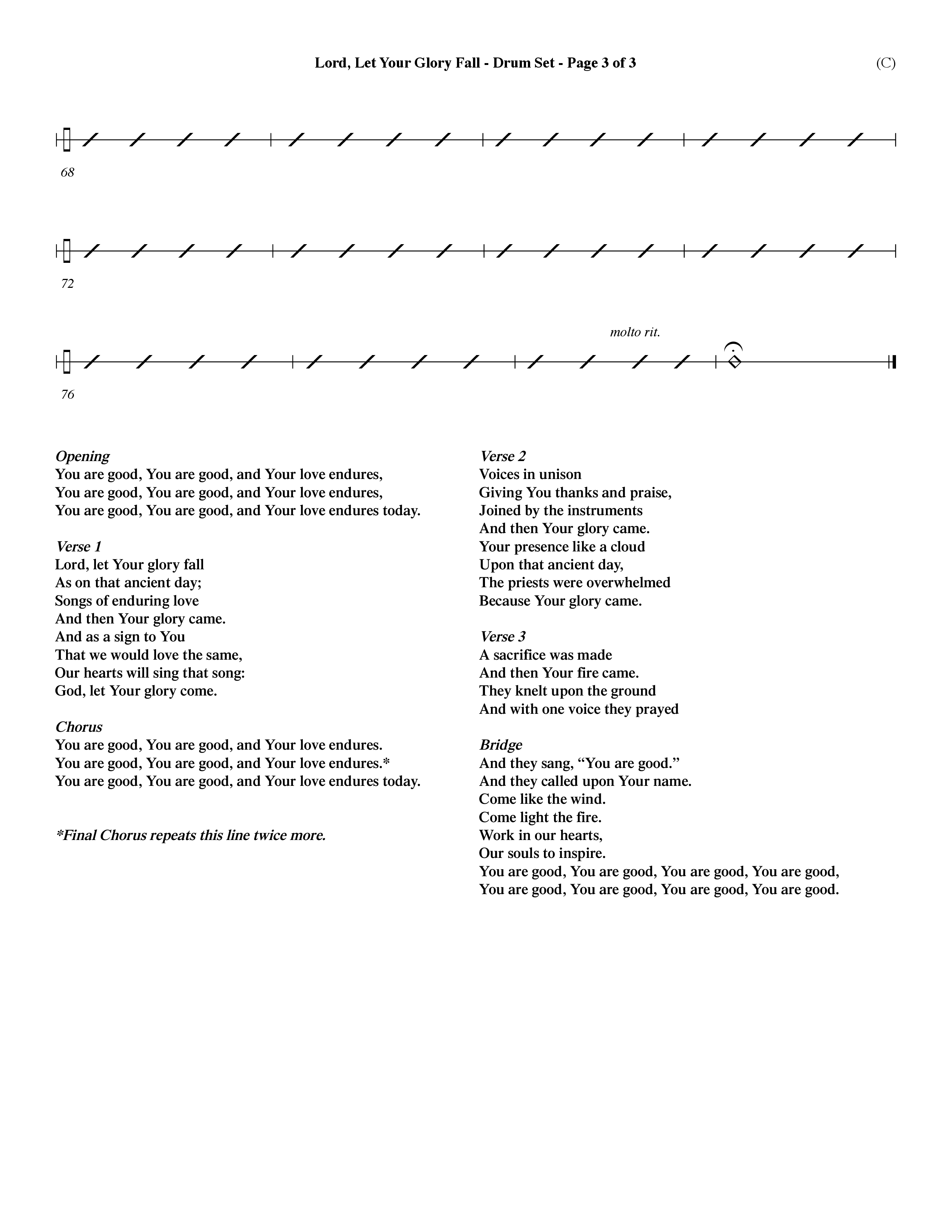 Lord Let Your Glory Fall (Choral Anthem SATB) Drum Set (Word Music Choral / Orch. Dave Williamson)