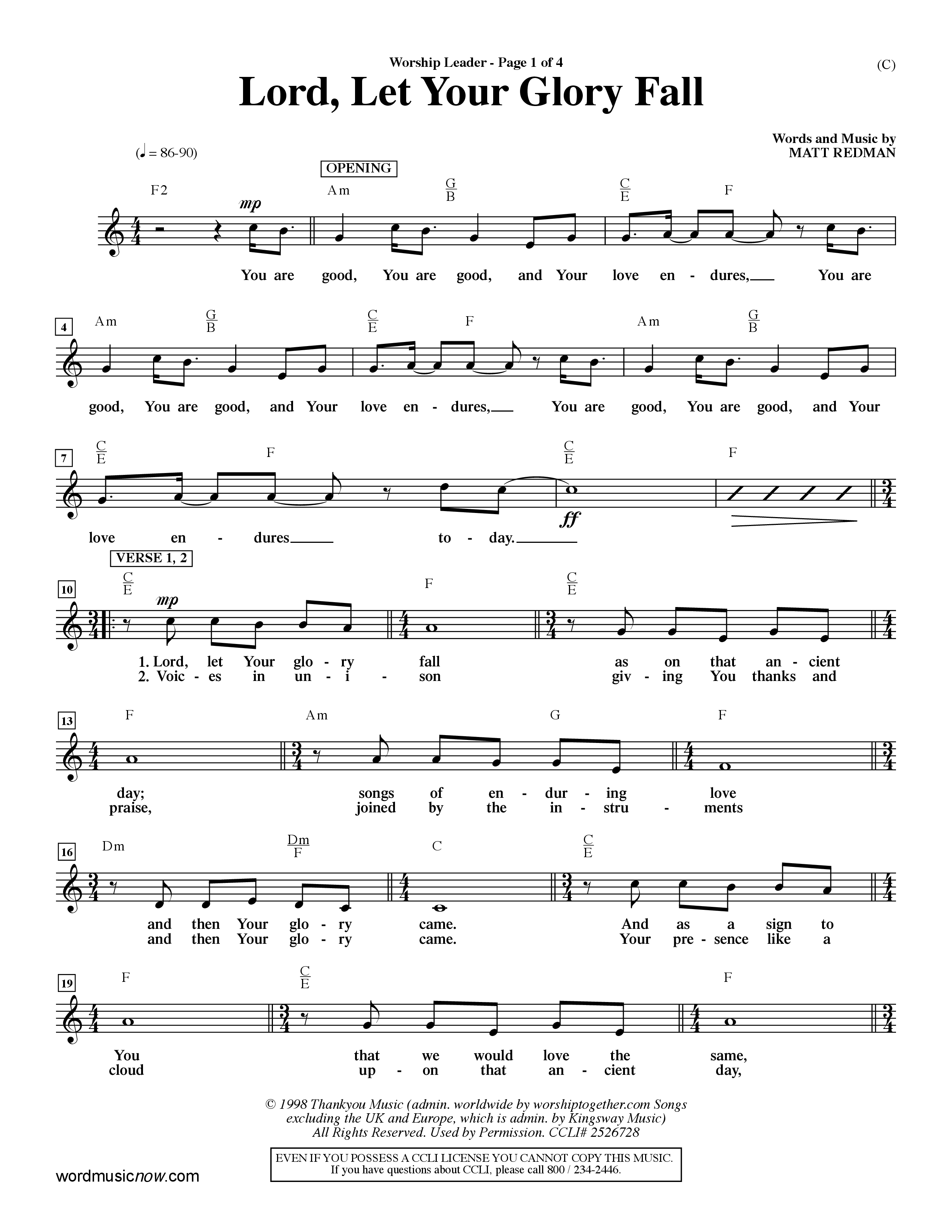 Lord Let Your Glory Fall (Choral Anthem SATB) Lead Sheet (Mel) (Word Music Choral / Orch. Dave Williamson)