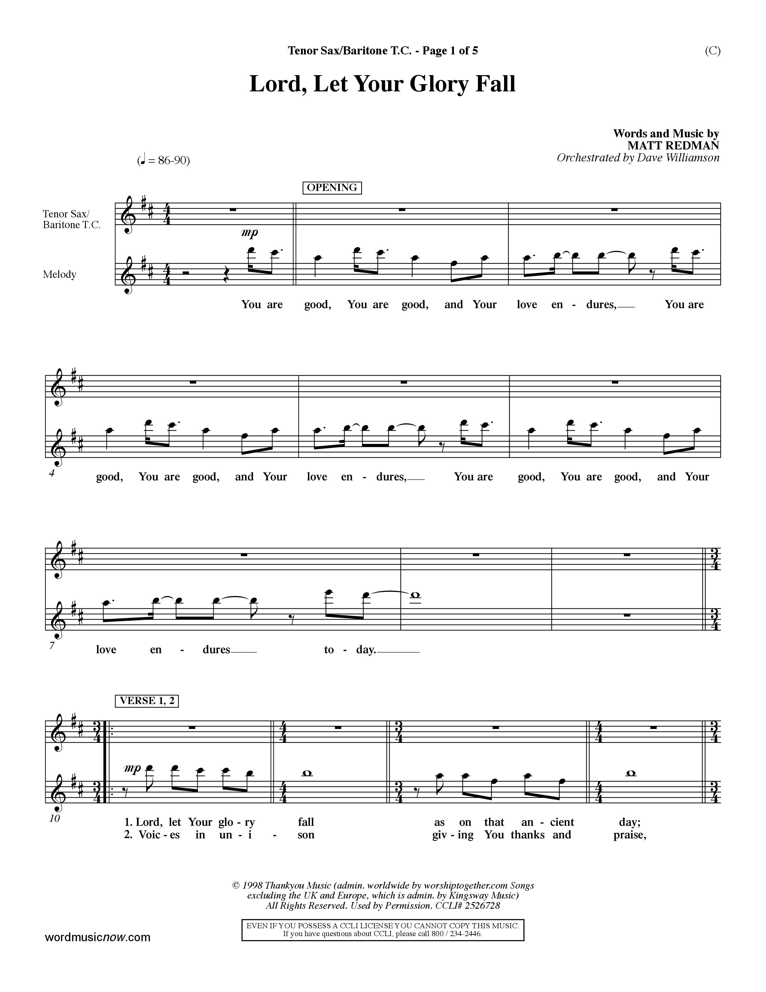 Lord Let Your Glory Fall (Choral Anthem SATB) Tenor Sax/Baritone T.C. (Word Music Choral / Orch. Dave Williamson)