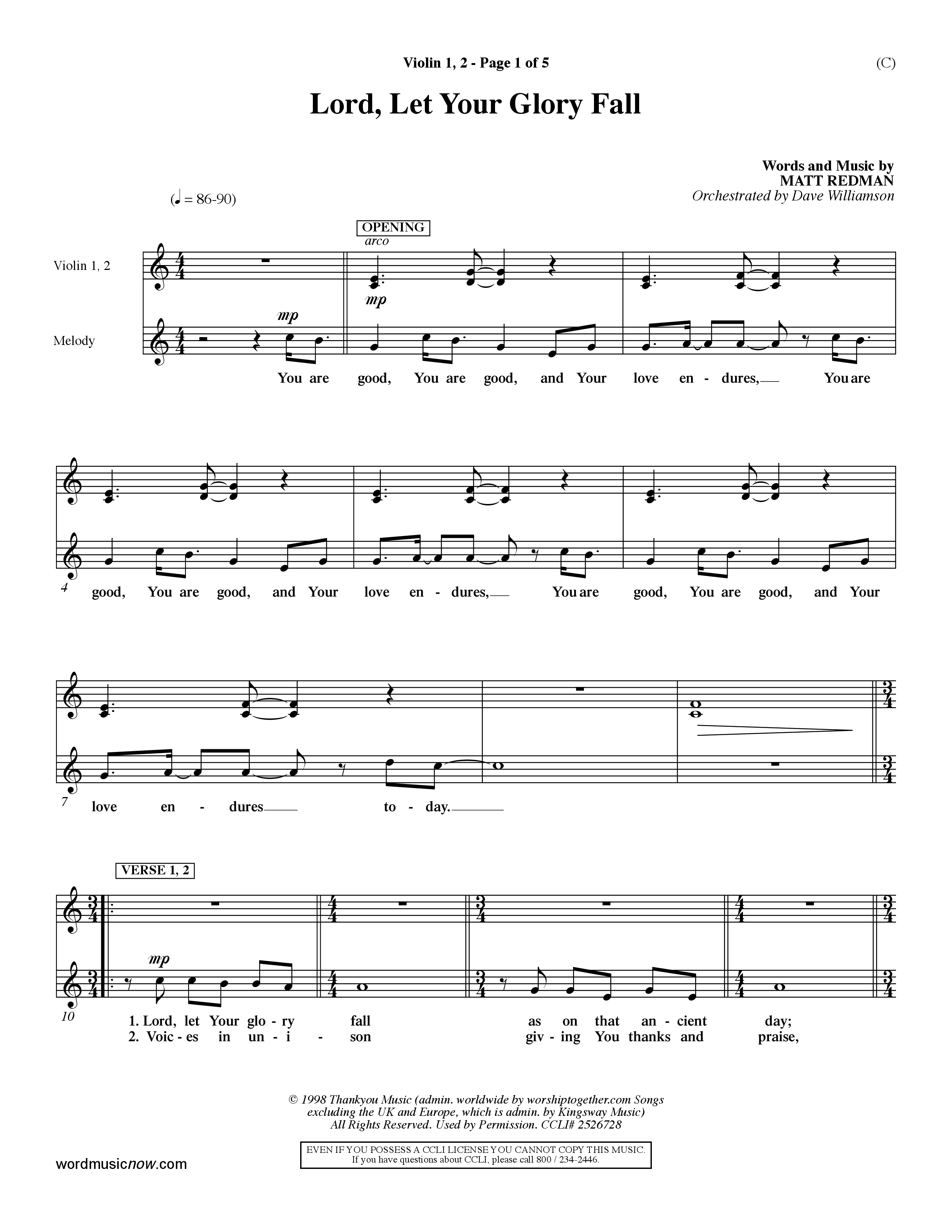 Lord Let Your Glory Fall (Choral Anthem SATB) Violin 1/2 (Word Music Choral / Orch. Dave Williamson)