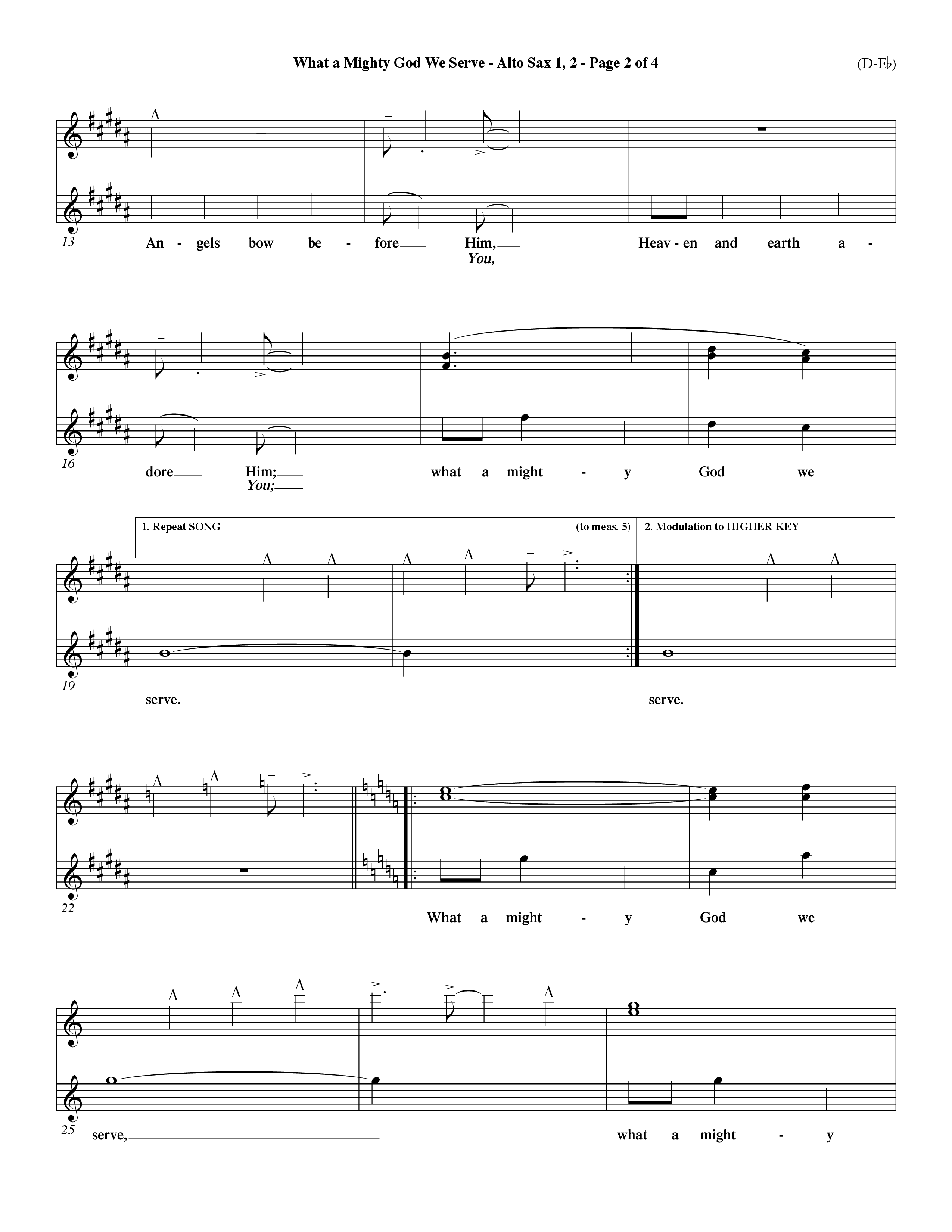 What a Mighty God We Serve (Choral Anthem SATB) Alto Sax 1/2 (Word Music Choral / Arr. Ken Barker / Orch. Keith Christopher / Orch. Andrew High)