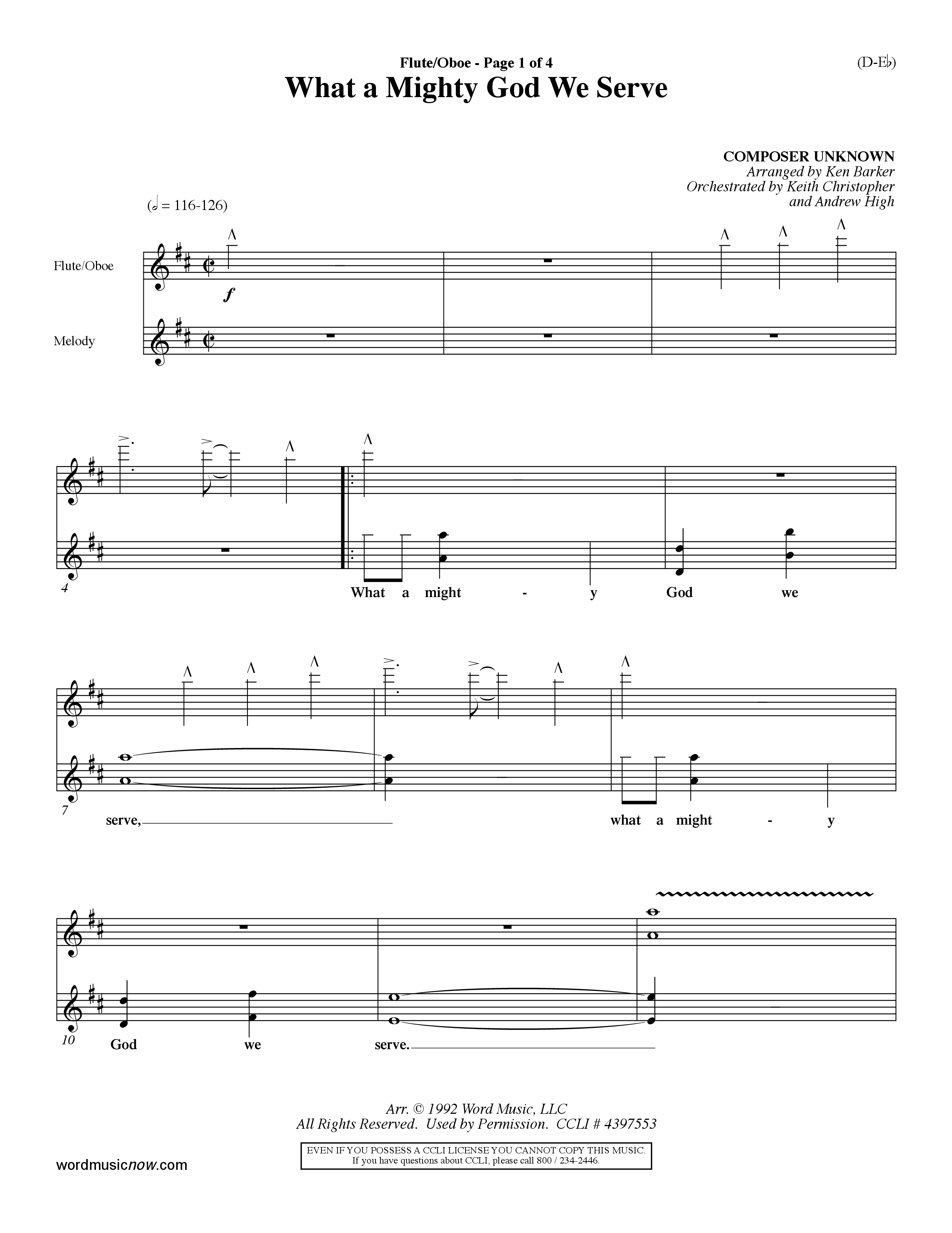 What a Mighty God We Serve (Choral Anthem SATB) Flute/Oboe (Word Music Choral / Arr. Ken Barker / Orch. Keith Christopher / Orch. Andrew High)