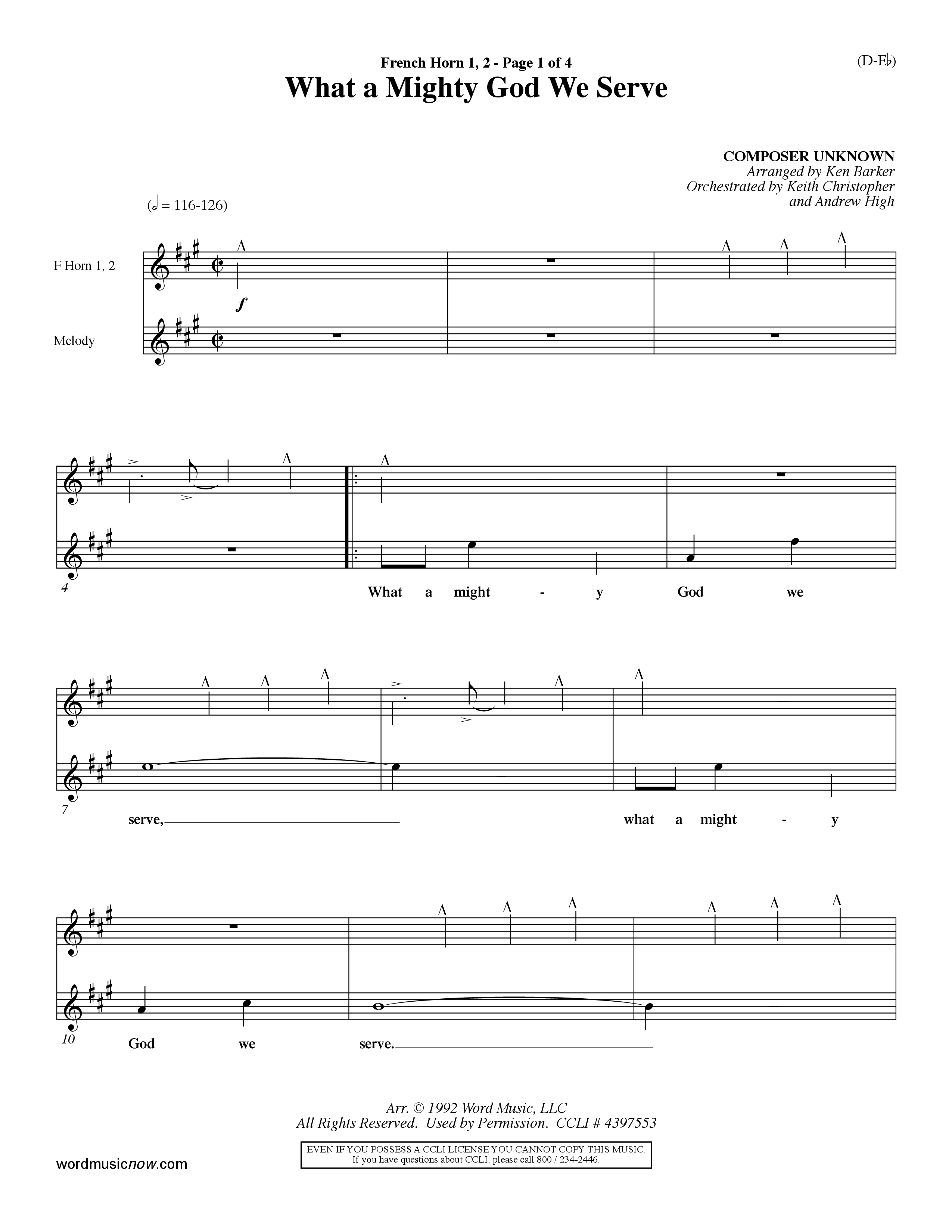 What a Mighty God We Serve (Choral Anthem SATB) French Horn (Word Music Choral / Arr. Ken Barker / Orch. Keith Christopher / Orch. Andrew High)