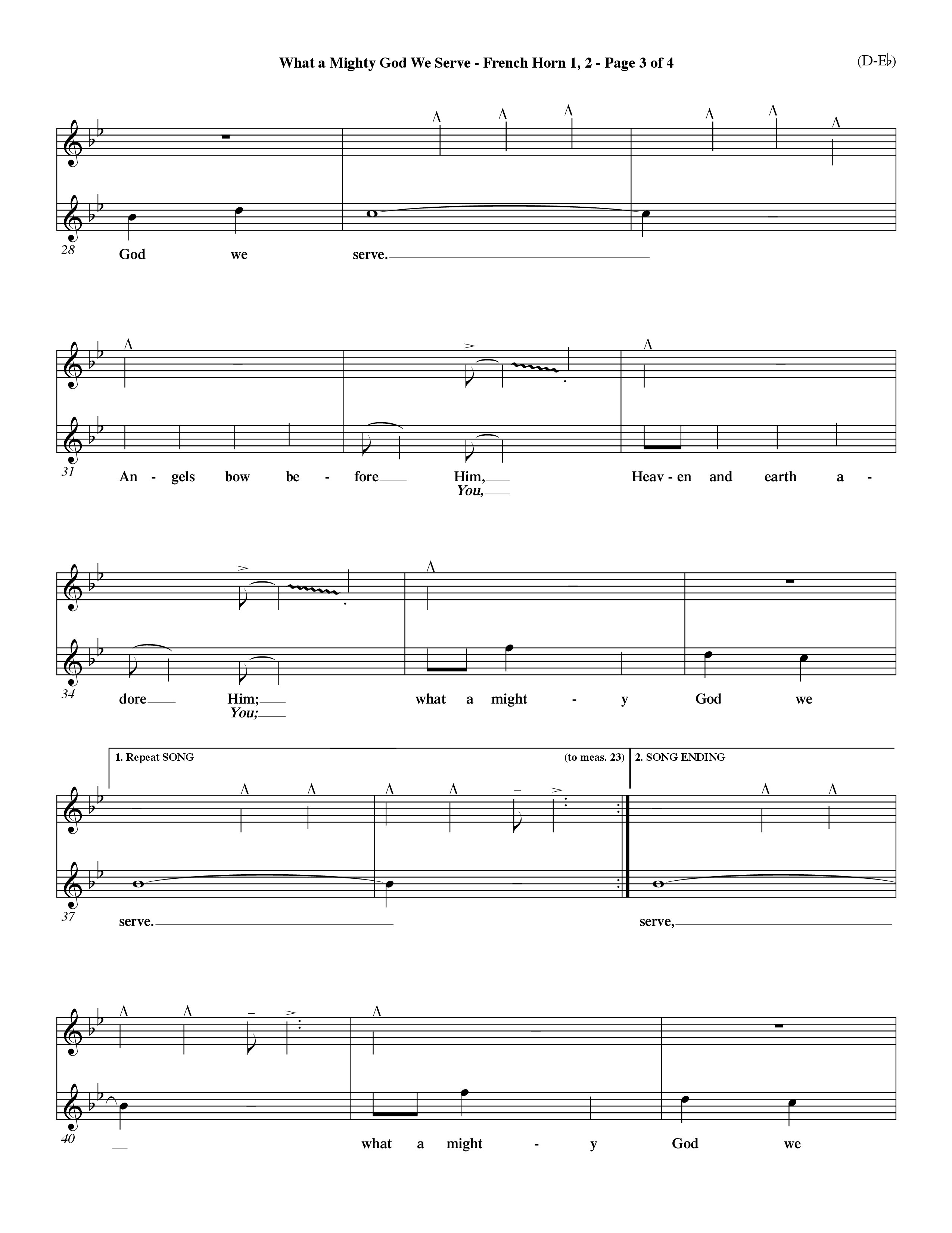 What a Mighty God We Serve (Choral Anthem SATB) French Horn (Word Music Choral / Arr. Ken Barker / Orch. Keith Christopher / Orch. Andrew High)