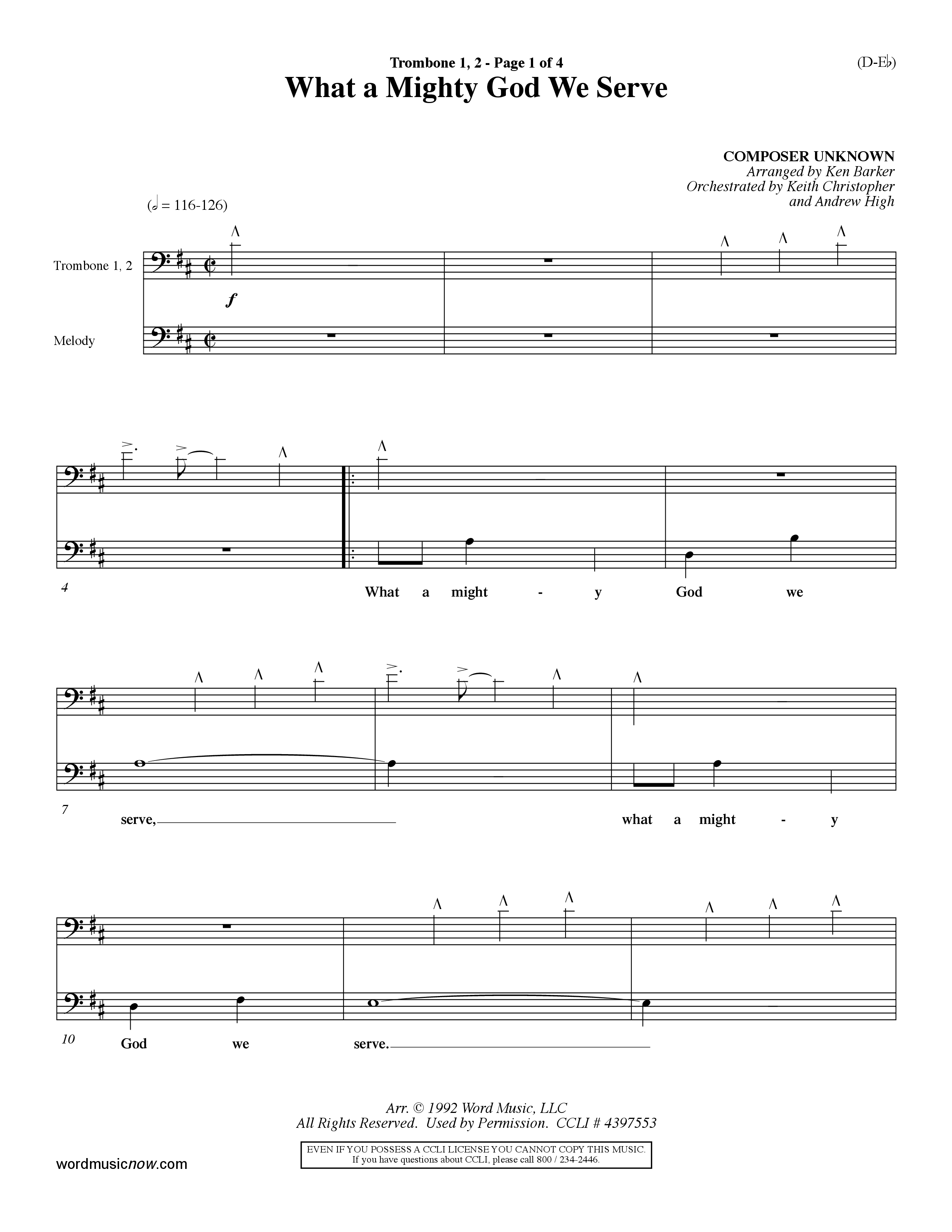 What a Mighty God We Serve (Choral Anthem SATB) Trombone 1/2 (Word Music Choral / Arr. Ken Barker / Orch. Keith Christopher / Orch. Andrew High)