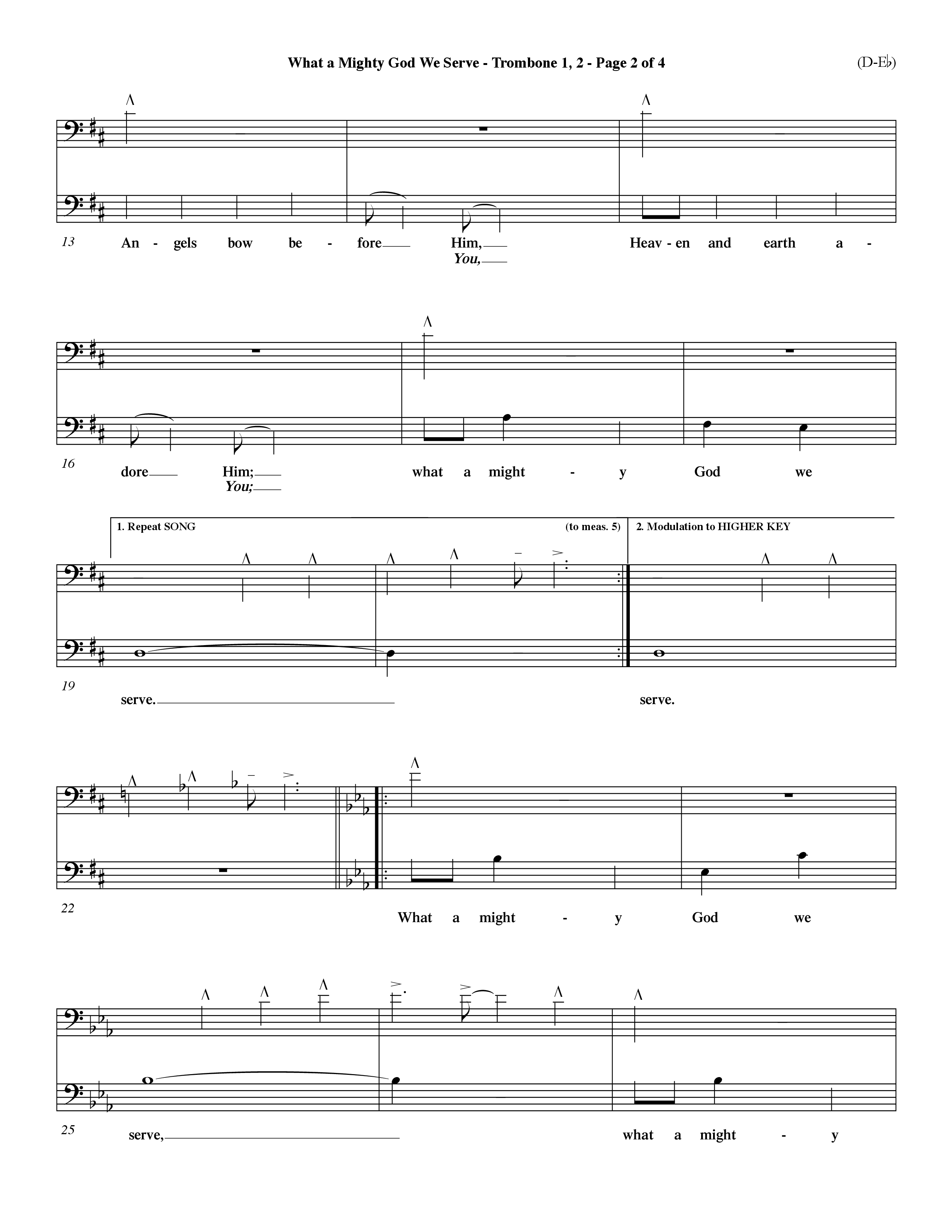 What a Mighty God We Serve (Choral Anthem SATB) Trombone 1/2 (Word Music Choral / Arr. Ken Barker / Orch. Keith Christopher / Orch. Andrew High)