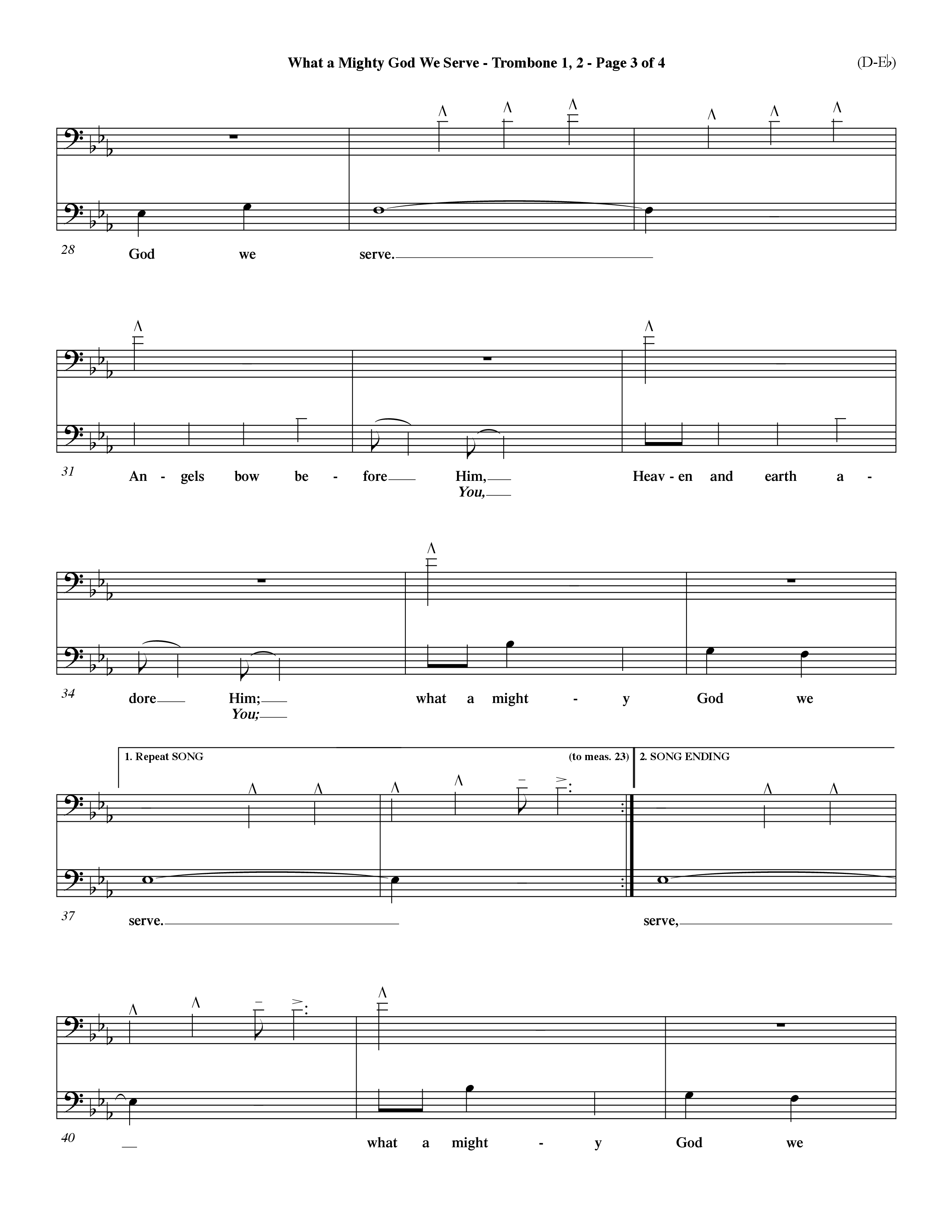 What a Mighty God We Serve (Choral Anthem SATB) Trombone 1/2 (Word Music Choral / Arr. Ken Barker / Orch. Keith Christopher / Orch. Andrew High)