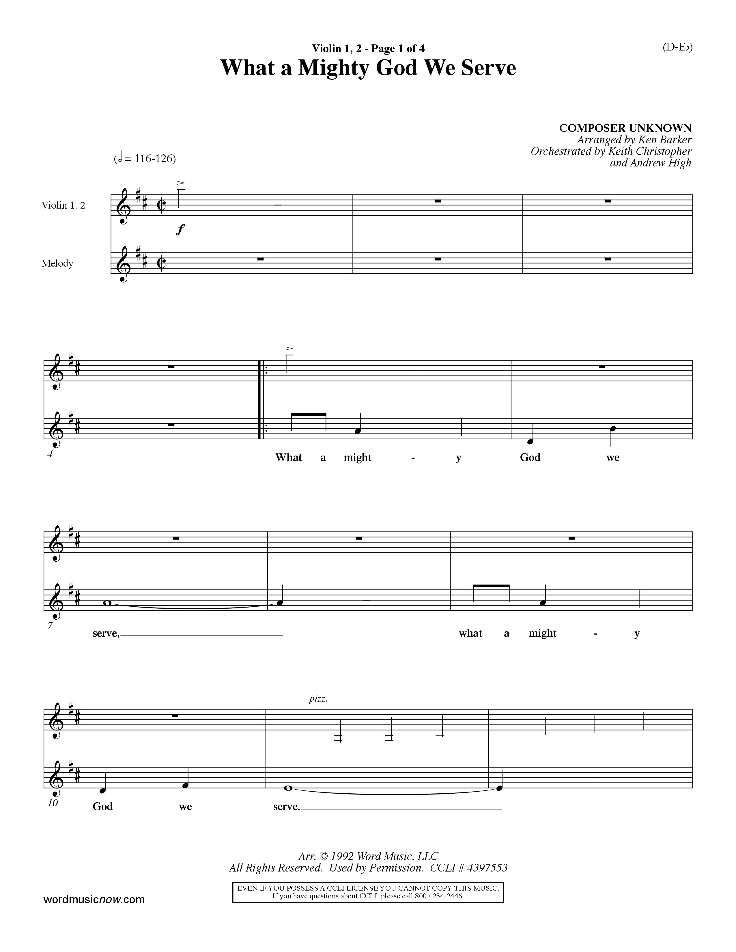 What a Mighty God We Serve (Choral Anthem SATB) Violin 1/2 (Word Music Choral / Arr. Ken Barker / Orch. Keith Christopher / Orch. Andrew High)