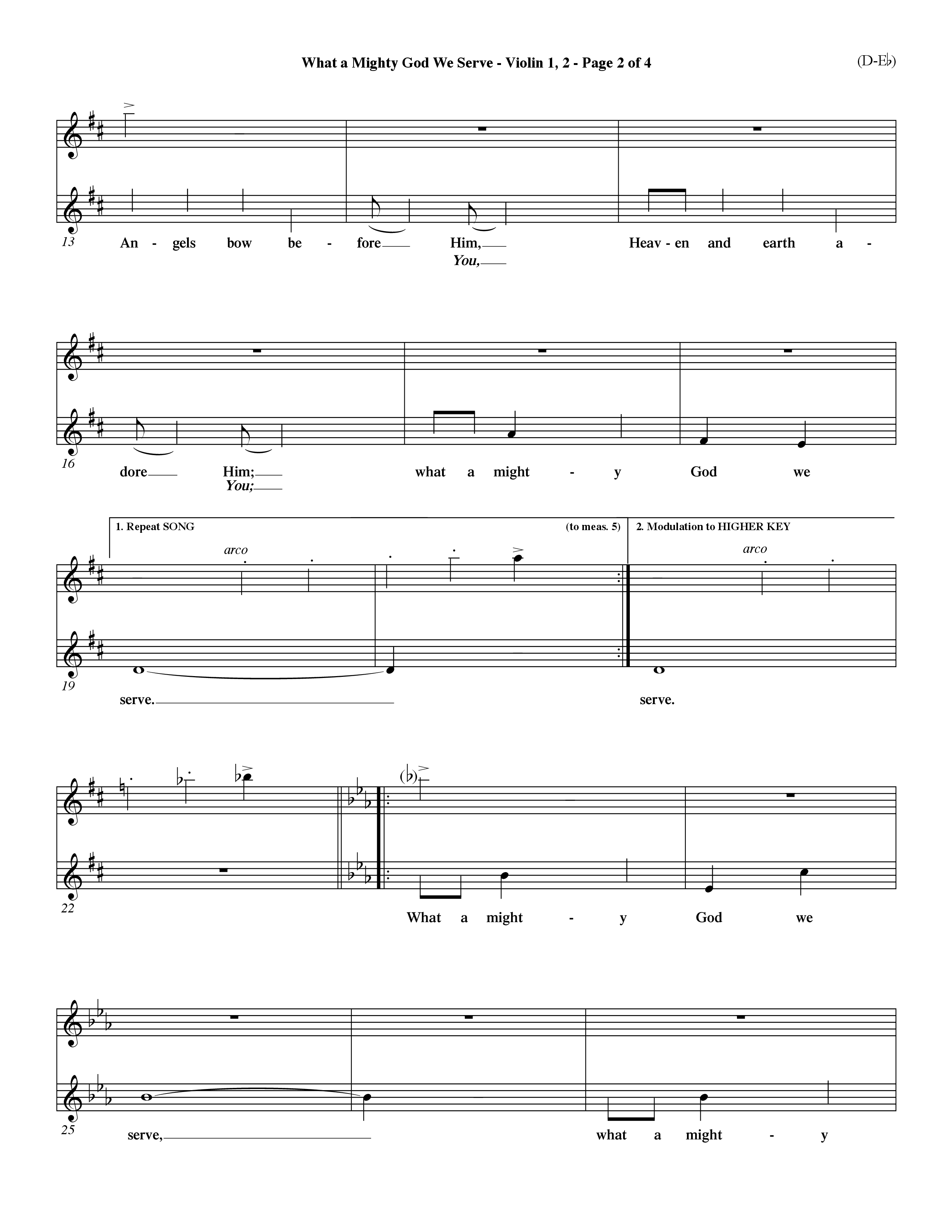 What a Mighty God We Serve (Choral Anthem SATB) Violin 1/2 (Word Music Choral / Arr. Ken Barker / Orch. Keith Christopher / Orch. Andrew High)