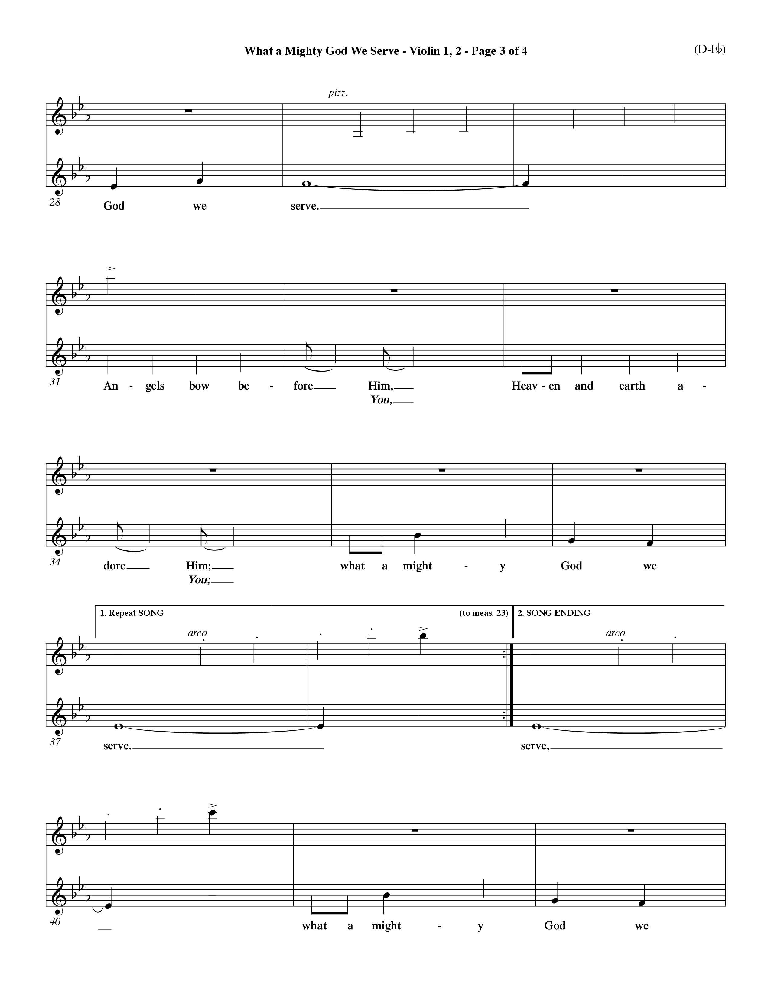 What a Mighty God We Serve (Choral Anthem SATB) Violin 1/2 (Word Music Choral / Arr. Ken Barker / Orch. Keith Christopher / Orch. Andrew High)