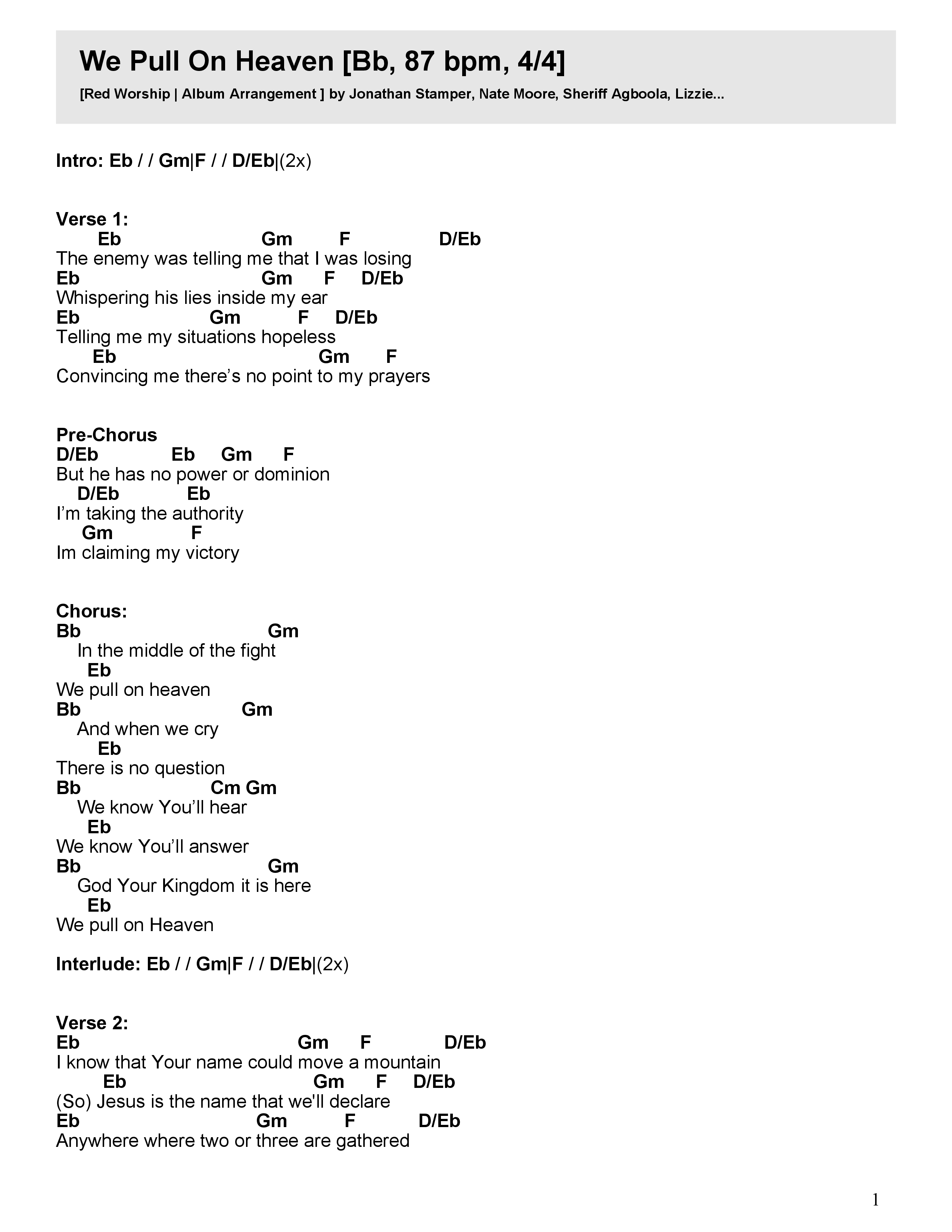 We Pull On Heaven Chord Chart (Red Worship / Jonathan Traylor / Jonathan Stamper)