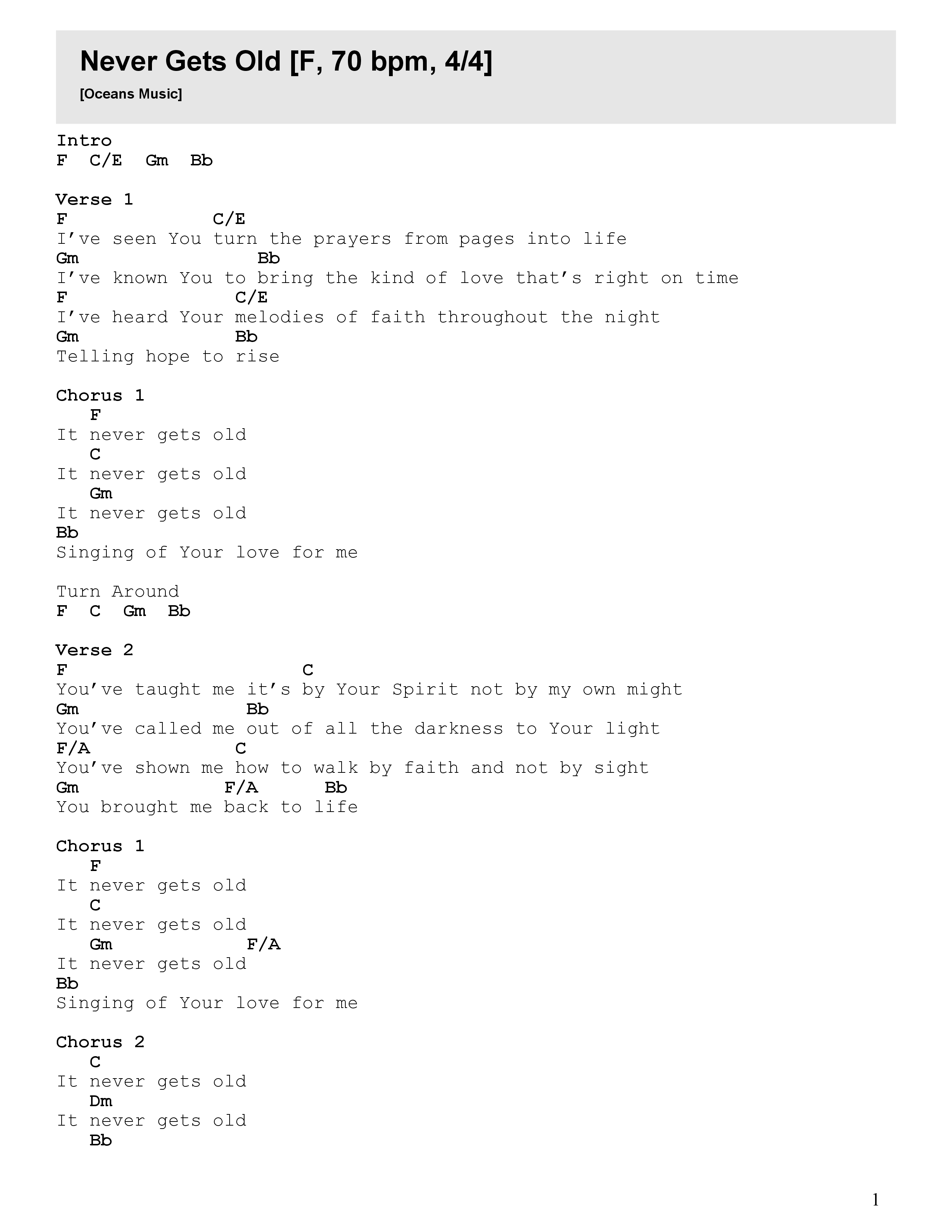 Never Gets Old Chord Chart (Oceans Music)