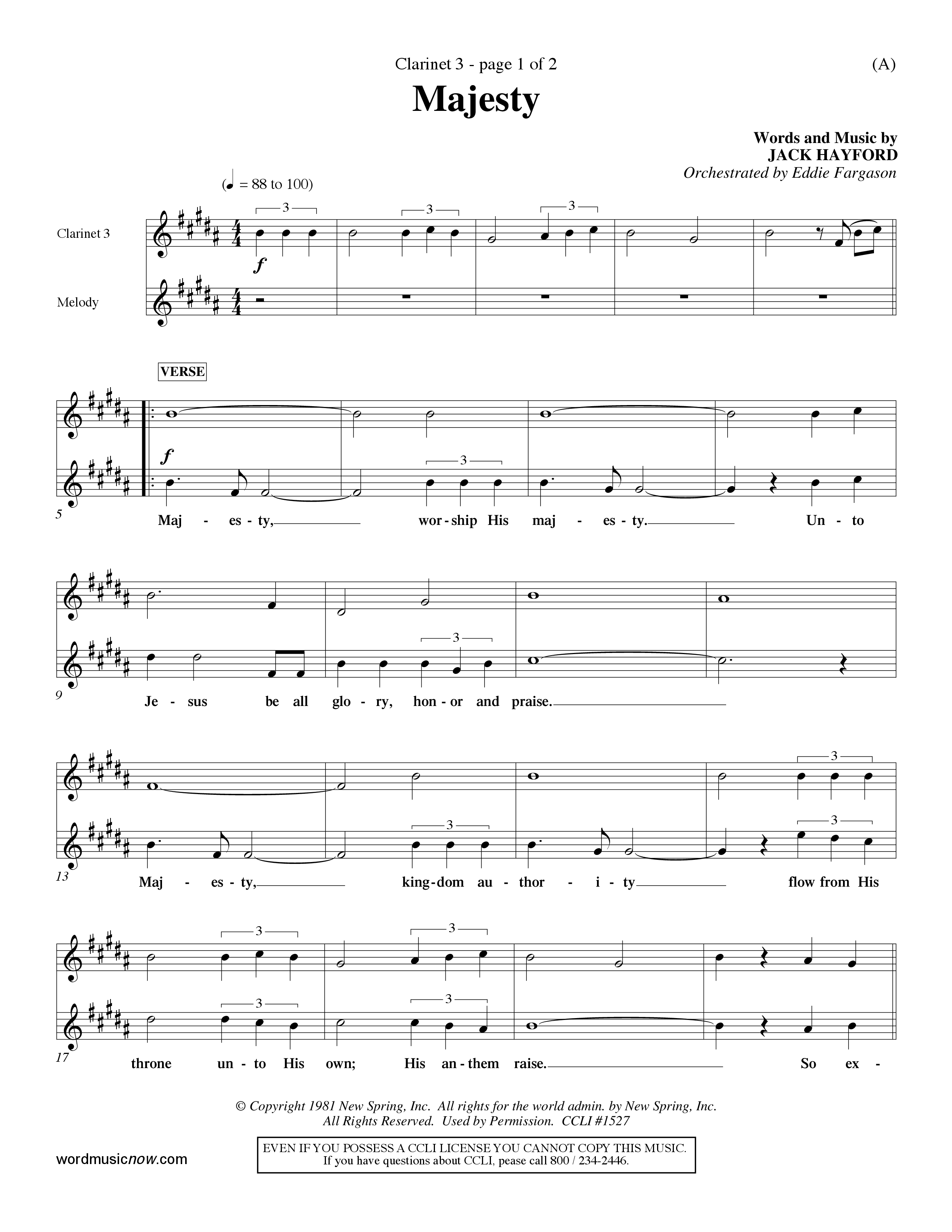 Majesty (Choral Anthem SATB) Clarinet 3 (Word Music Choral / Orch. Eddie Fargason)