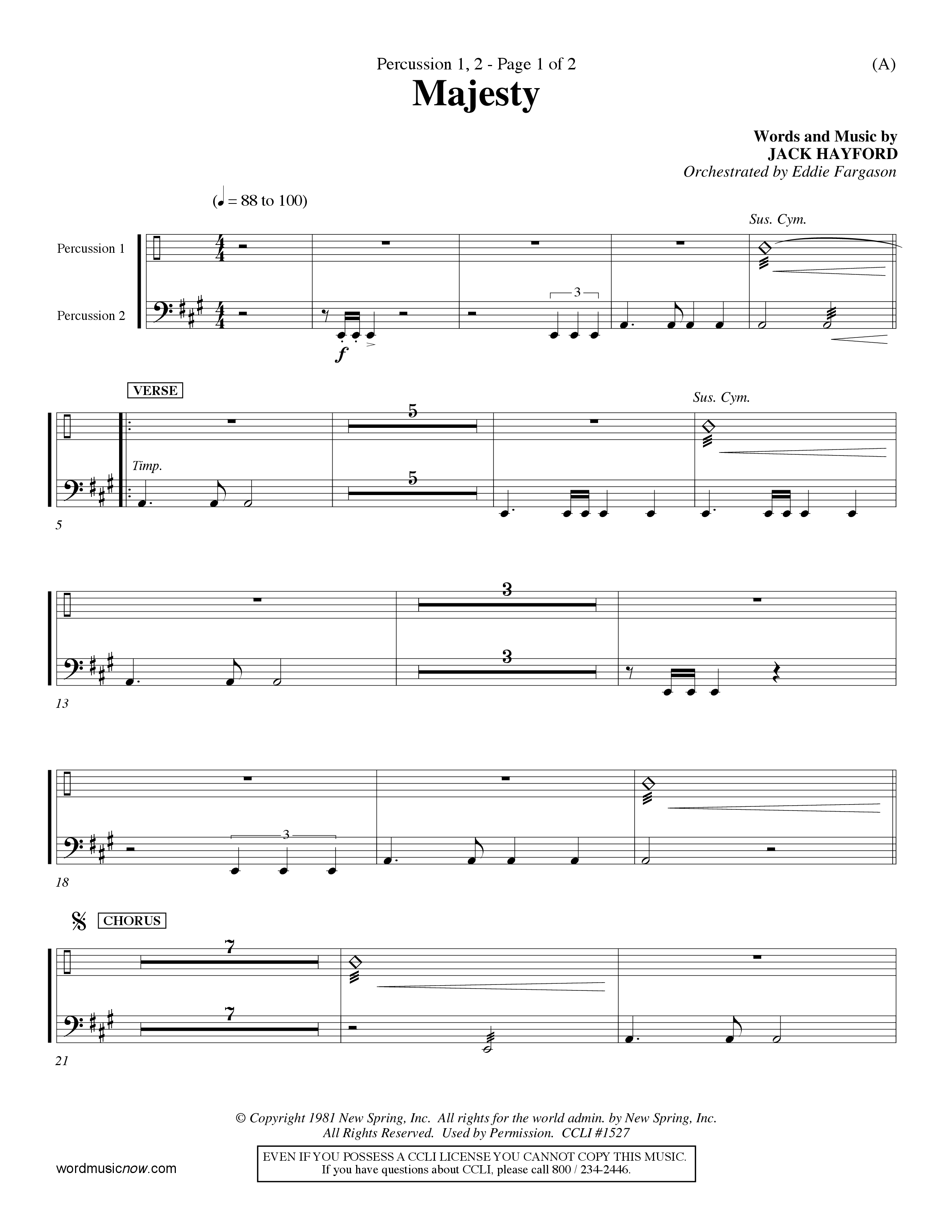 Majesty (Choral Anthem SATB) Percussion 1/2 (Word Music Choral / Orch. Eddie Fargason)