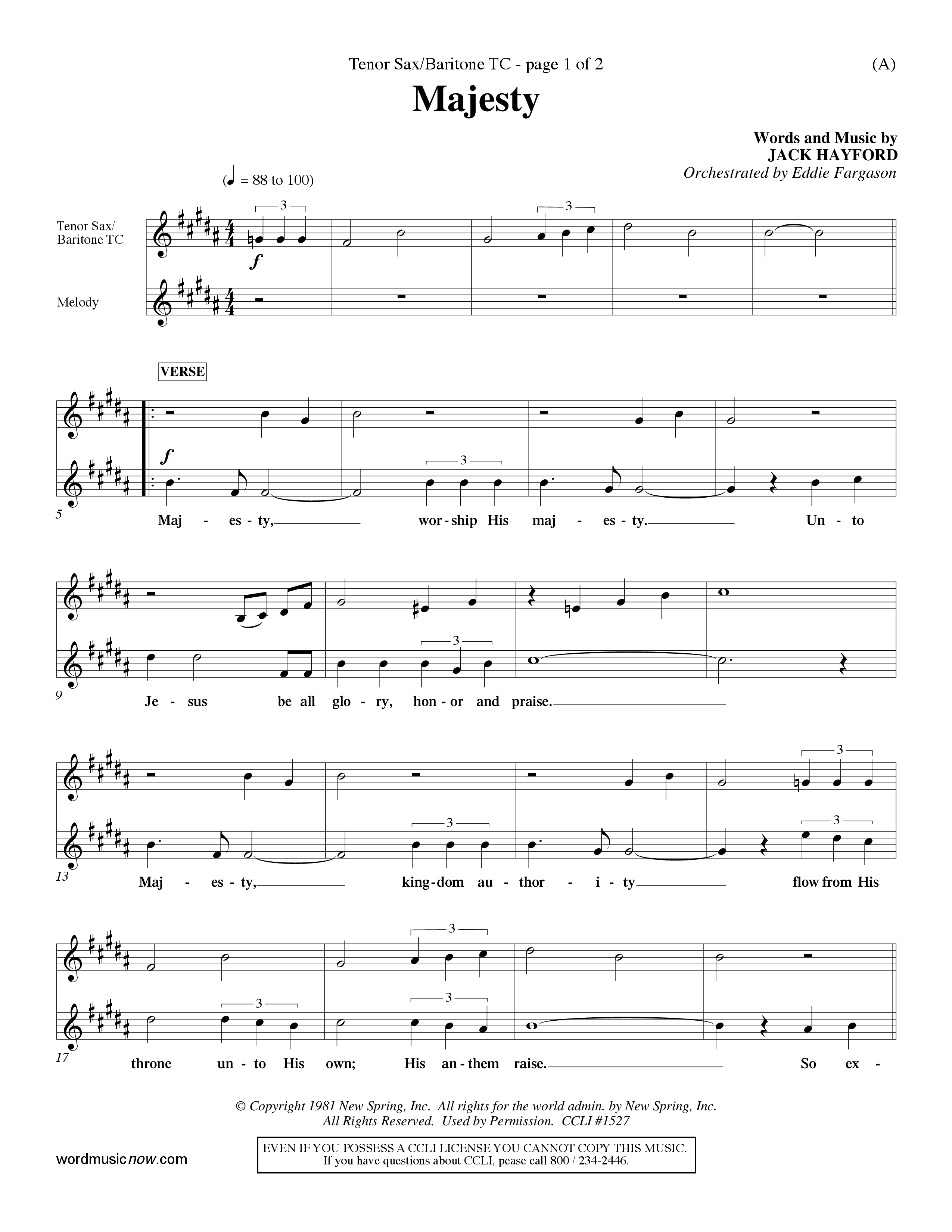 Majesty (Choral Anthem SATB) Tenor Sax/Baritone T.C. (Word Music Choral / Orch. Eddie Fargason)
