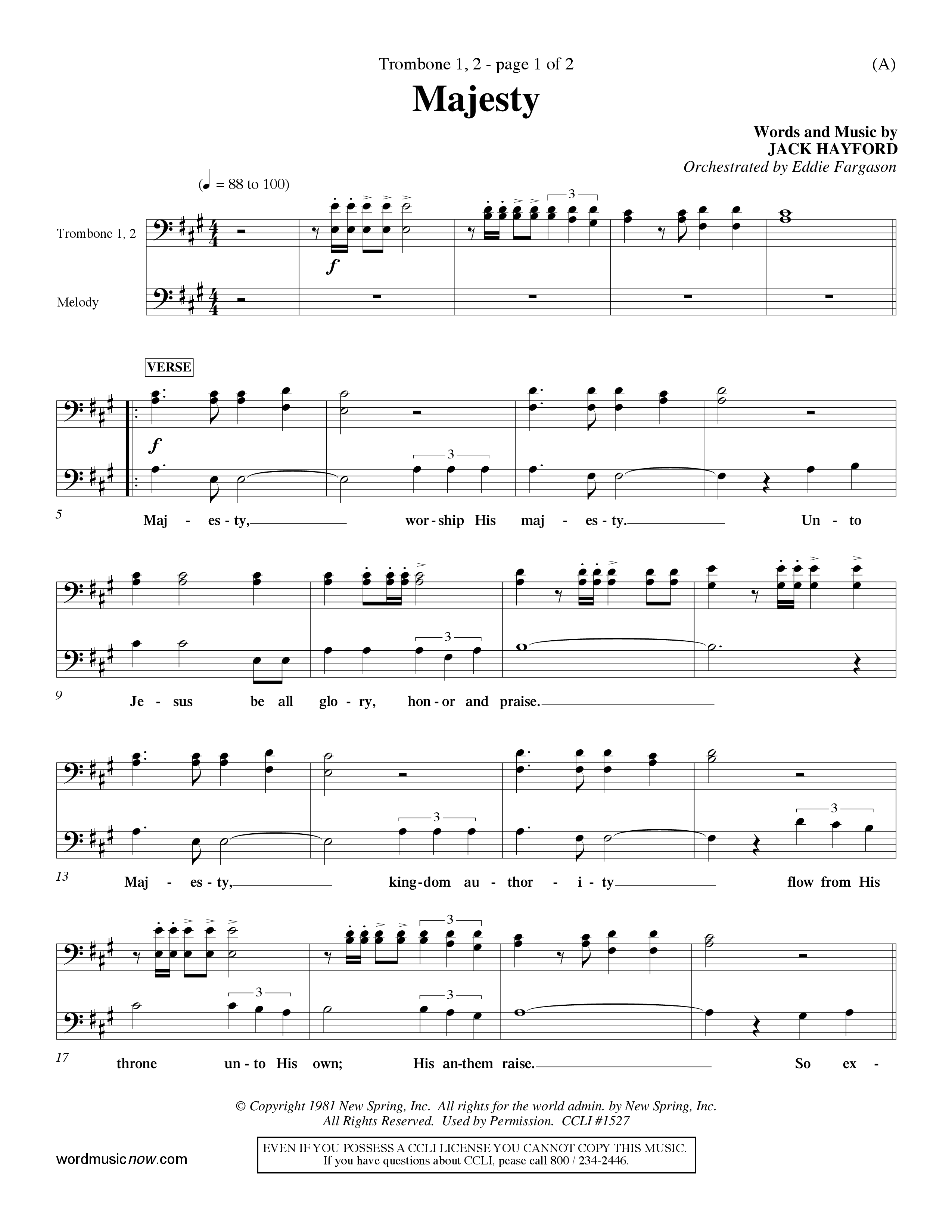 Majesty (Choral Anthem SATB) Trombone 1/2 (Word Music Choral / Orch. Eddie Fargason)