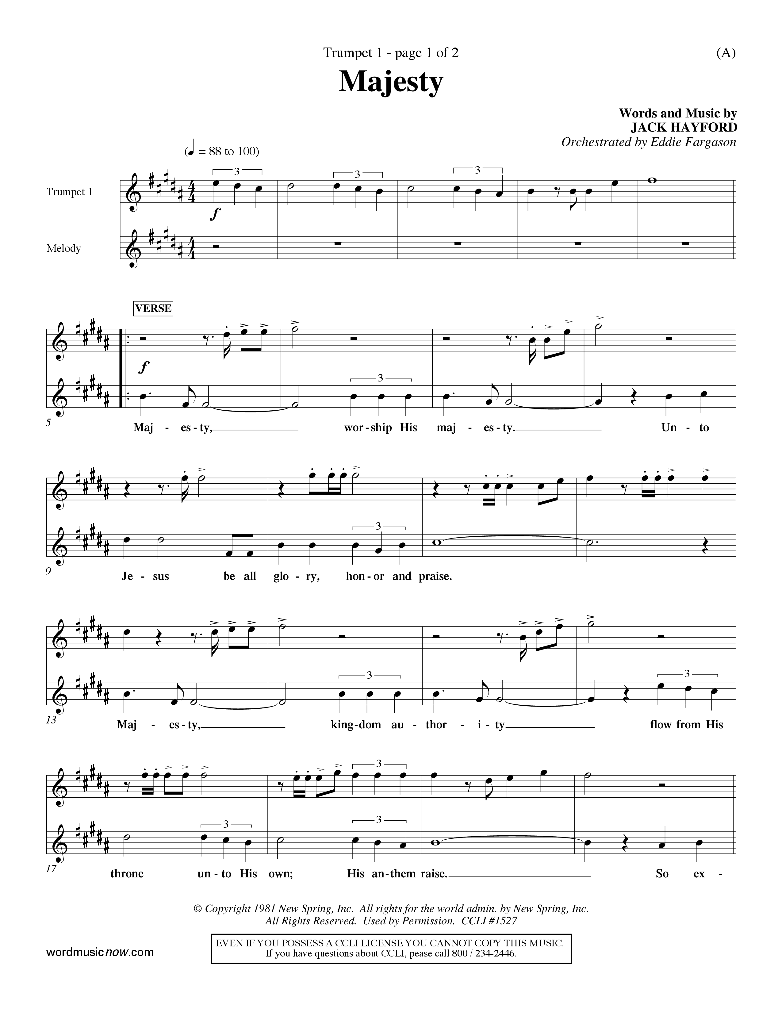 Majesty (Choral Anthem SATB) Trumpet 1 (Word Music Choral / Orch. Eddie Fargason)